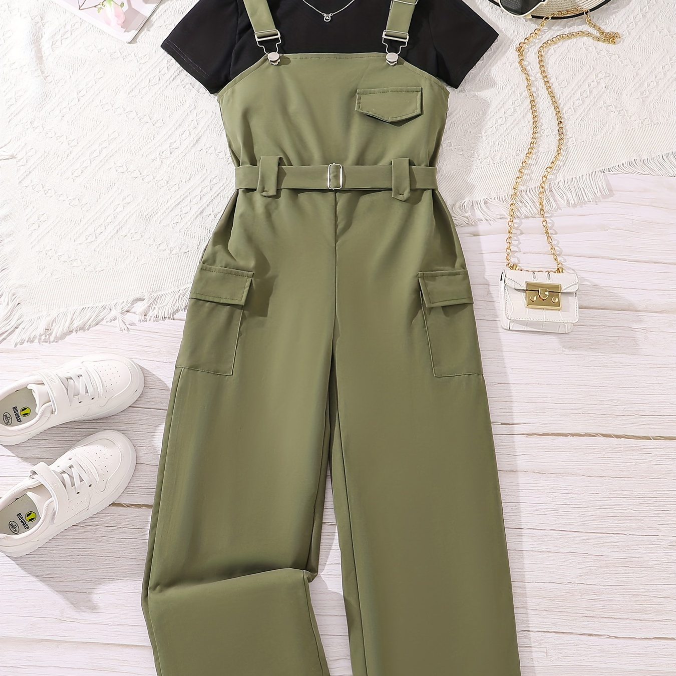 

2pcs, Basic Slim T-shirt + Suspender Overall Cargo Pants Girls Outfit 1 Set - Ideal For Summer & Casual Outings