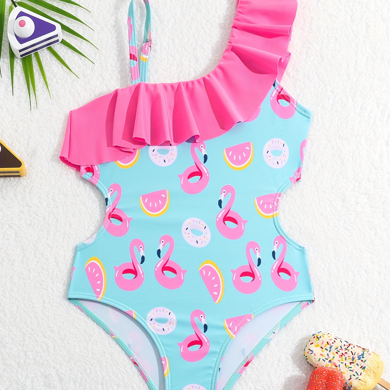 

Sky Blue Doughnut And Flamingos Prints Cut Out 1pc Girls Oblique Shoulder Swimsuit, Summer Beachwear