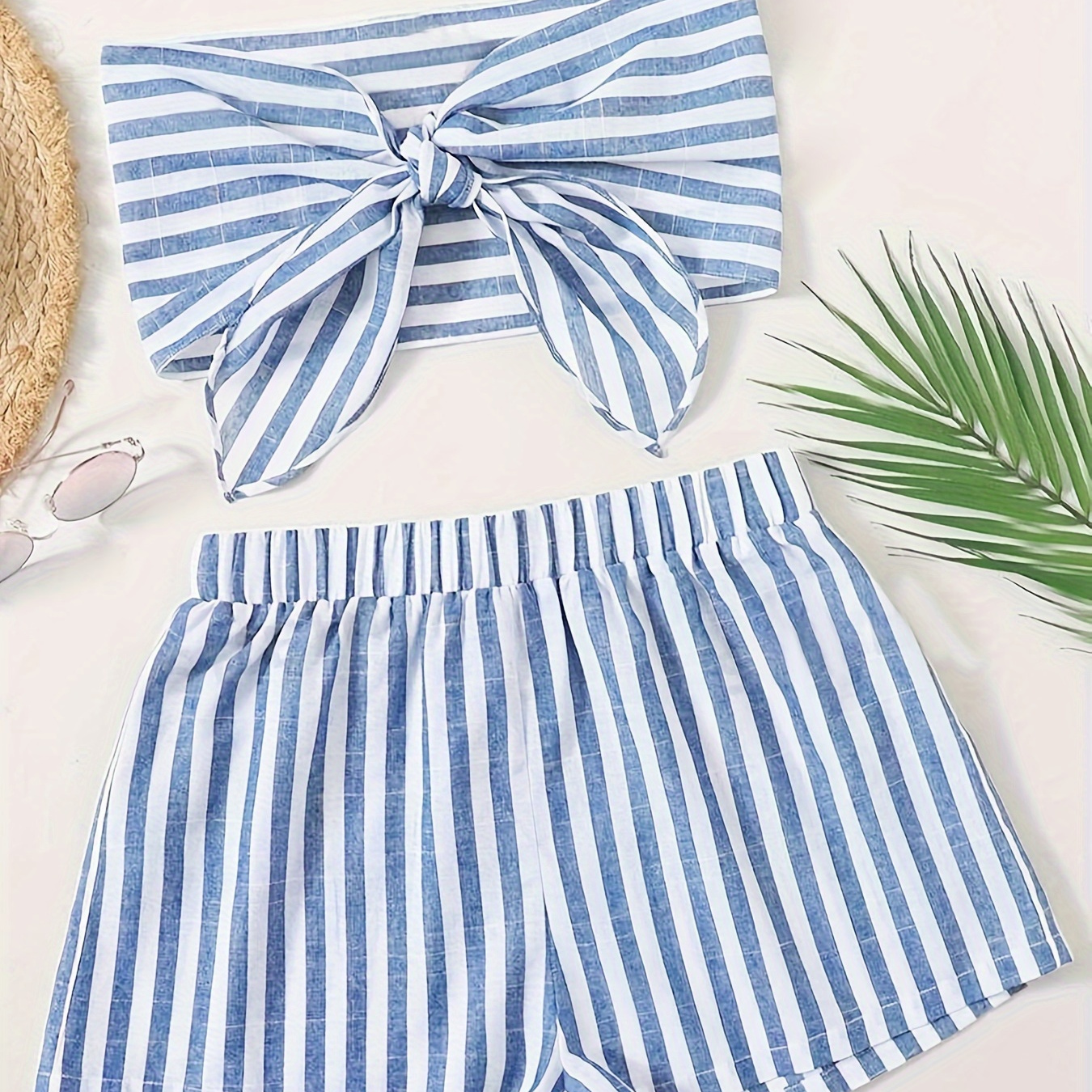 

Striped Print Casual Shorts Suit, Knot Front Backless Crop Tube Top & Elastic Waist Shorts Outfits, Women's Clothing