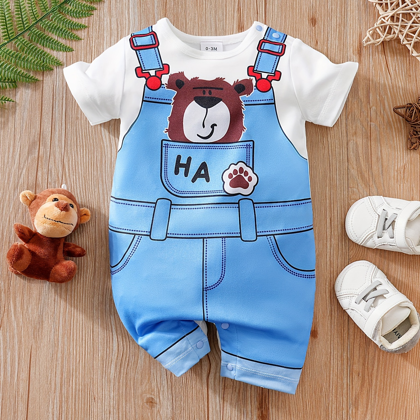 

Baby Boys Cartoon Bear Pattern Romper, Short Sleeve Faux Suspender Bodysuit For Summer