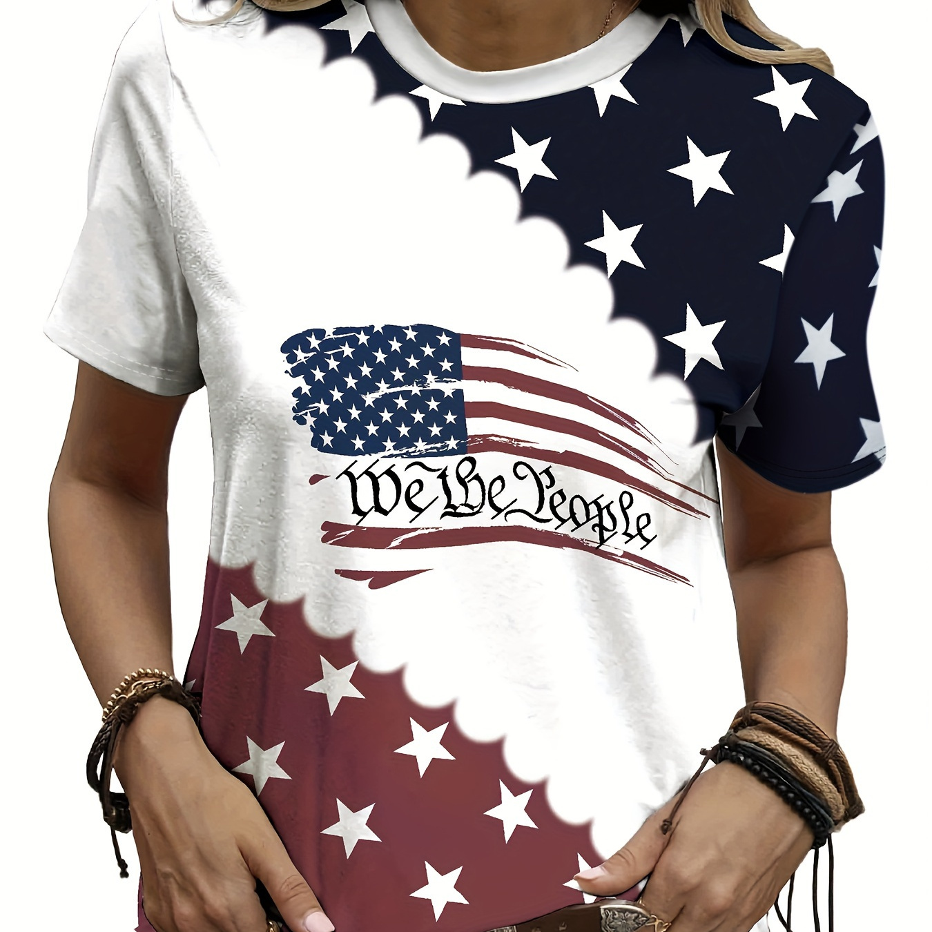 

Flag Print Crew Neck T-shirt, Casual Short Sleeve T-shirt For Spring & Summer, Women's Clothing