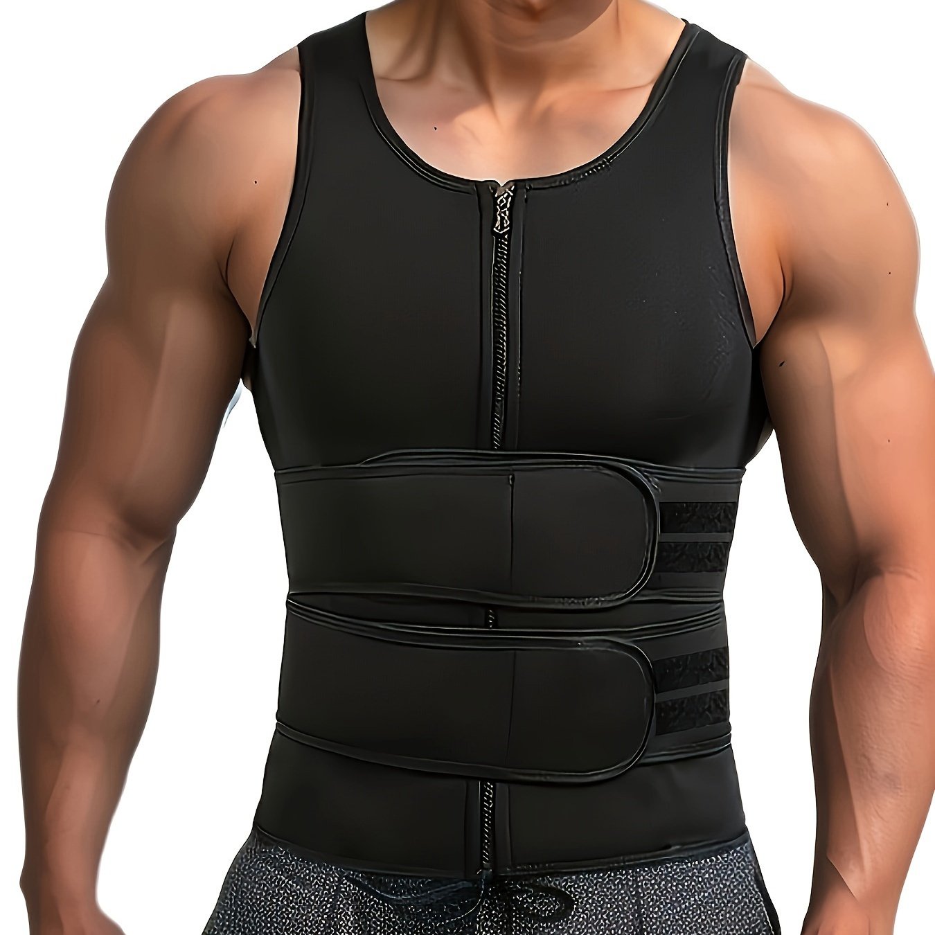

Men's Sauna Zipper Waist Trainer Vest, Slimming Body Shaper With Double Belt, Sport Style Fitness Tank Top