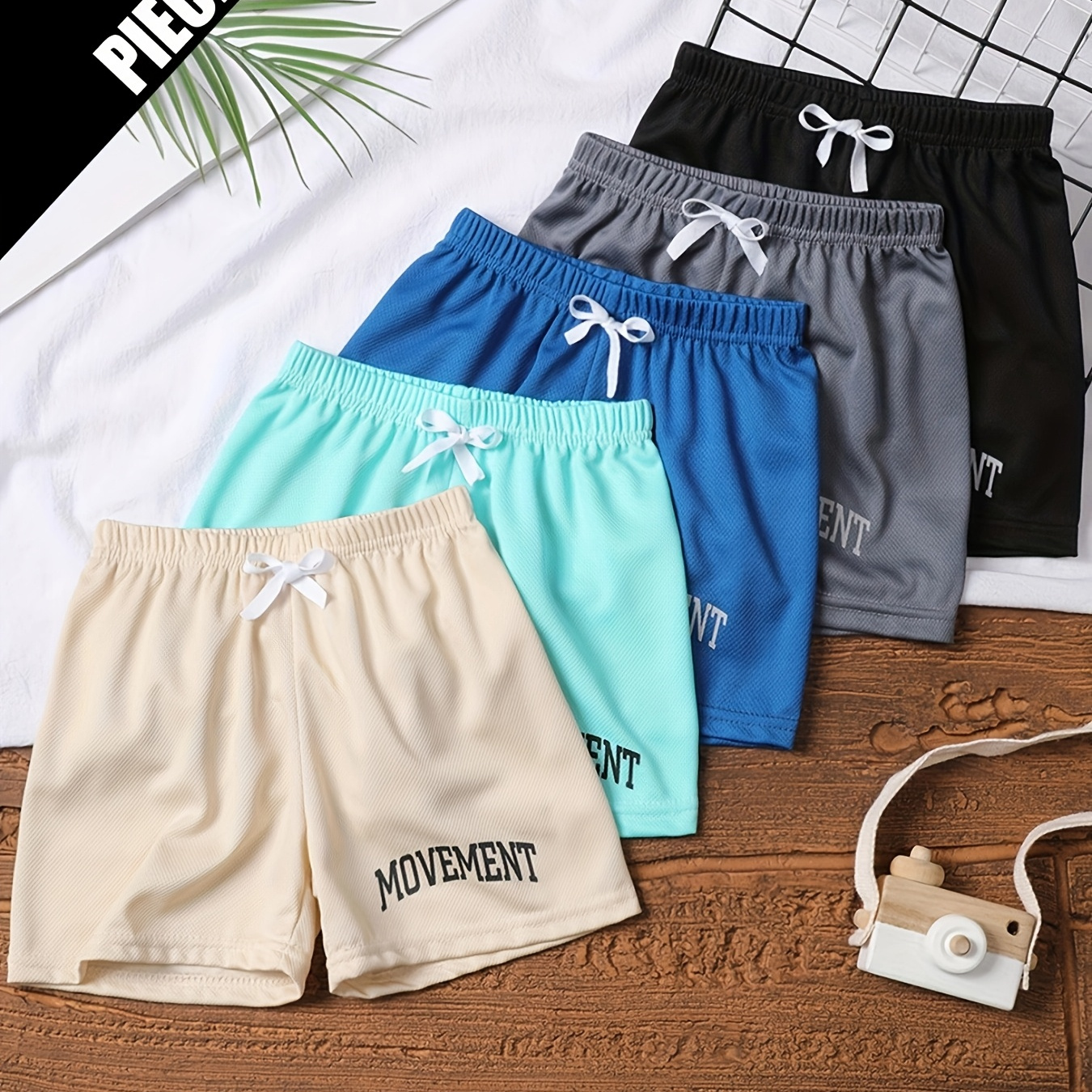 Summer Shorts, 5 Pieces - Quick-Dry, Lightweight and Breathable Shorts with Imitation Drawstring Waist and Letter Print (to Match) - Unisex Shorts for Running, Outdoor Games and Casual Wear (Ages 4-12), Perfect for Outdoors