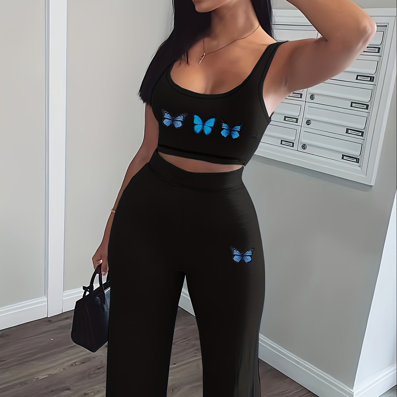 

Butterfly Print 2 Piece Set, Crop Tank Top & Wide Leg Pants, Women's Clothing