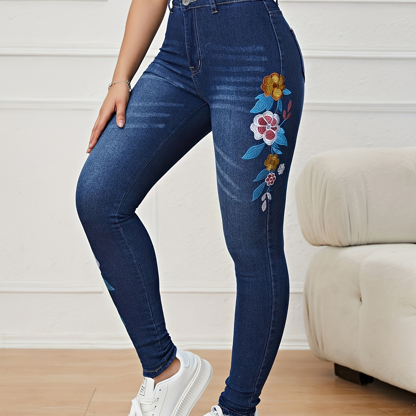 Women Denim Faux Jean Leggings Pants Slim Fit Embroidered Floral