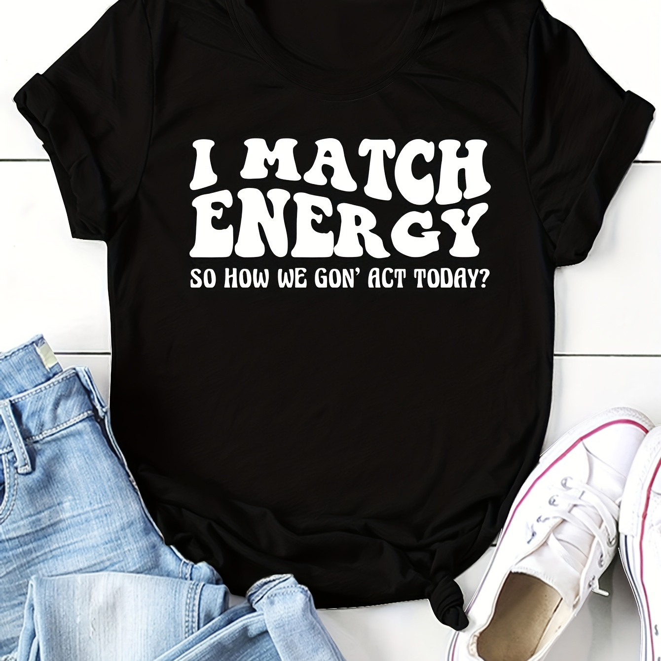 

I Match Enercy Print Crew Neck T-shirt, Casual Short Sleeve T-shirt For Spring & Summer, Women's Clothing