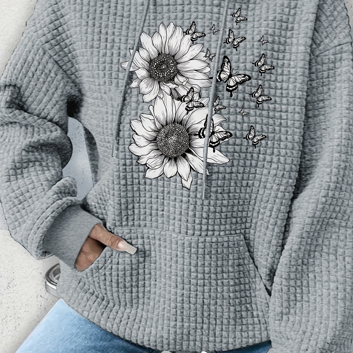 

Women's Plus Size Waffle Knit Hoodie With Sunflower And Butterfly Print - Casual Long Sleeve Pullover With Kangaroo Pocket, Polyester