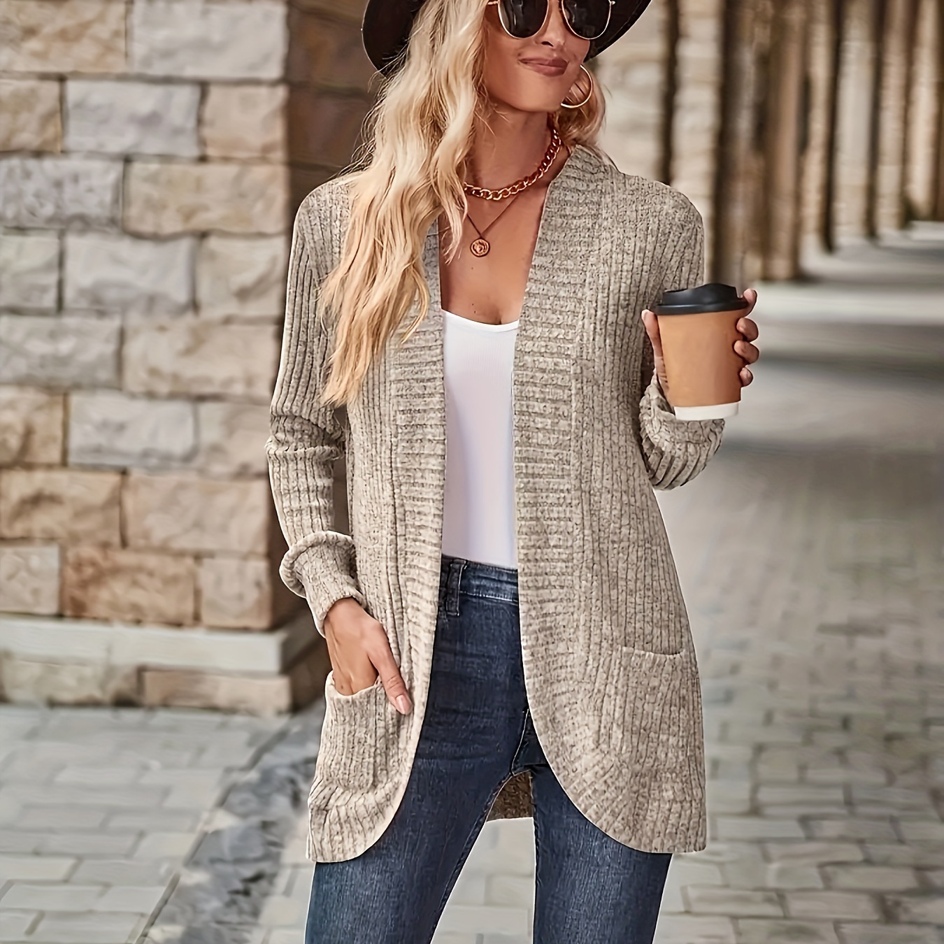 

Women's Casual Open Front Knit Cardigan With Pockets - 95% Polyester, 5% Elastane Solid Color Outerwear For Spring/fall