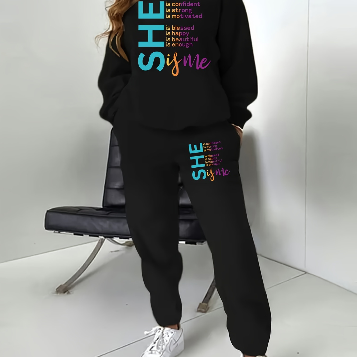 

Plus Size She Print Two-piece Set, Casual Crew Neck Long Sleeve Sweatshirt & Sweatpants Outfits, Women's Plus Size Clothing