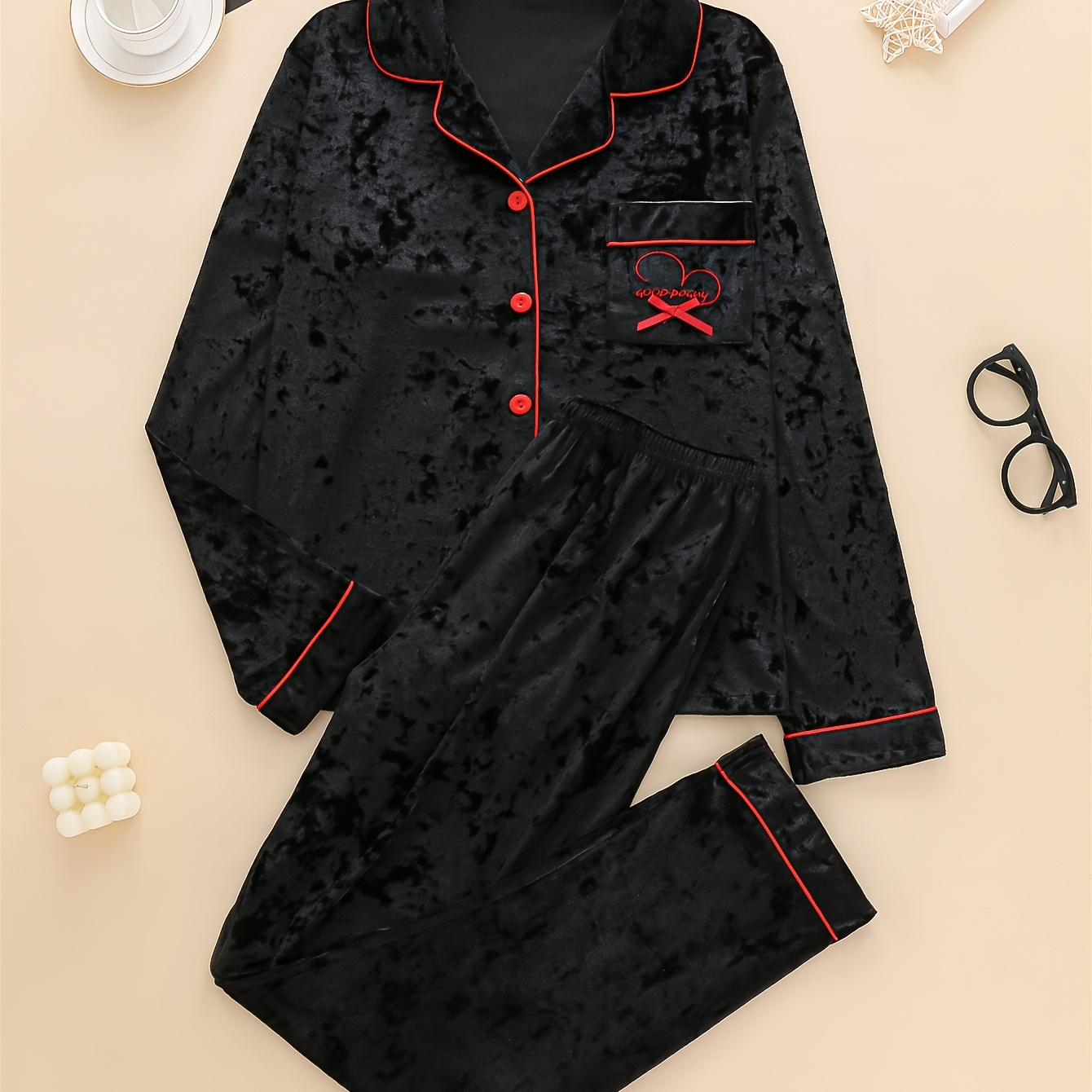 

2pcs Elegant Golden Diamond Velvet Women's Pajama Set, Comfortable Long-sleeved Button-down Top And Comfortable Long Pants, Velvet Pajama Set