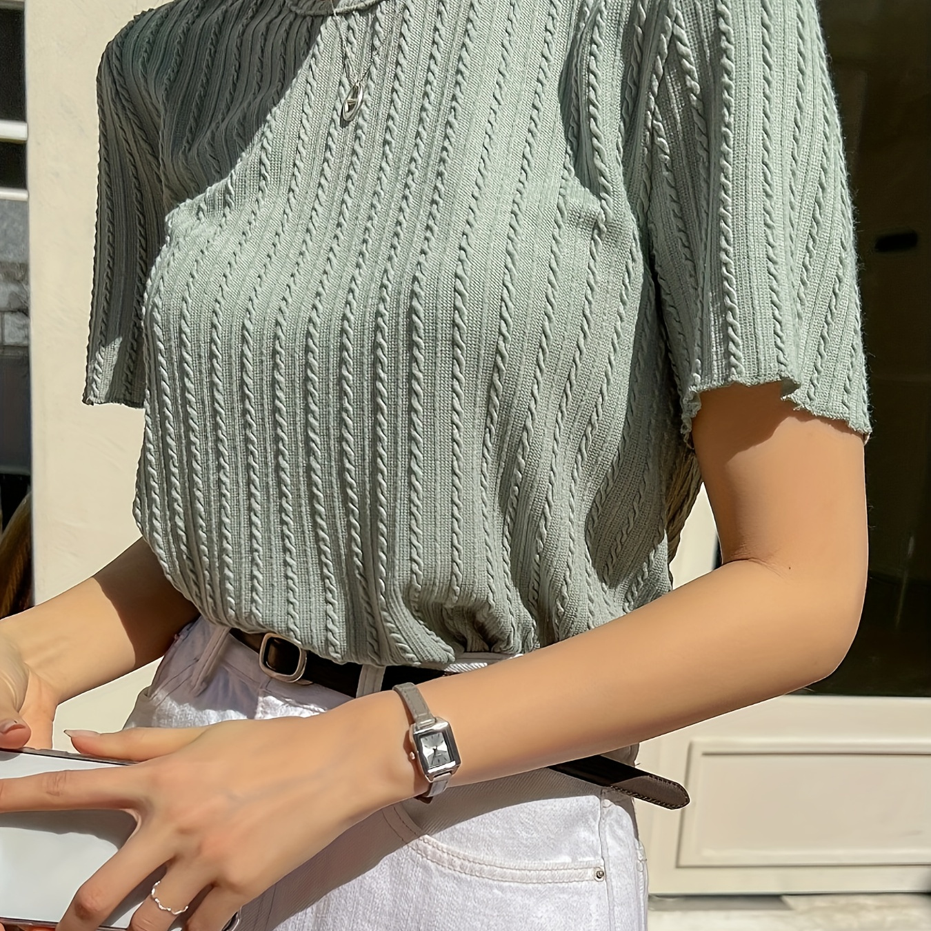 

Crew Neck Textured T-shirt, Casual Lettuce Trim Solid Short Sleeve Top For Spring & Summer, Women's Clothing