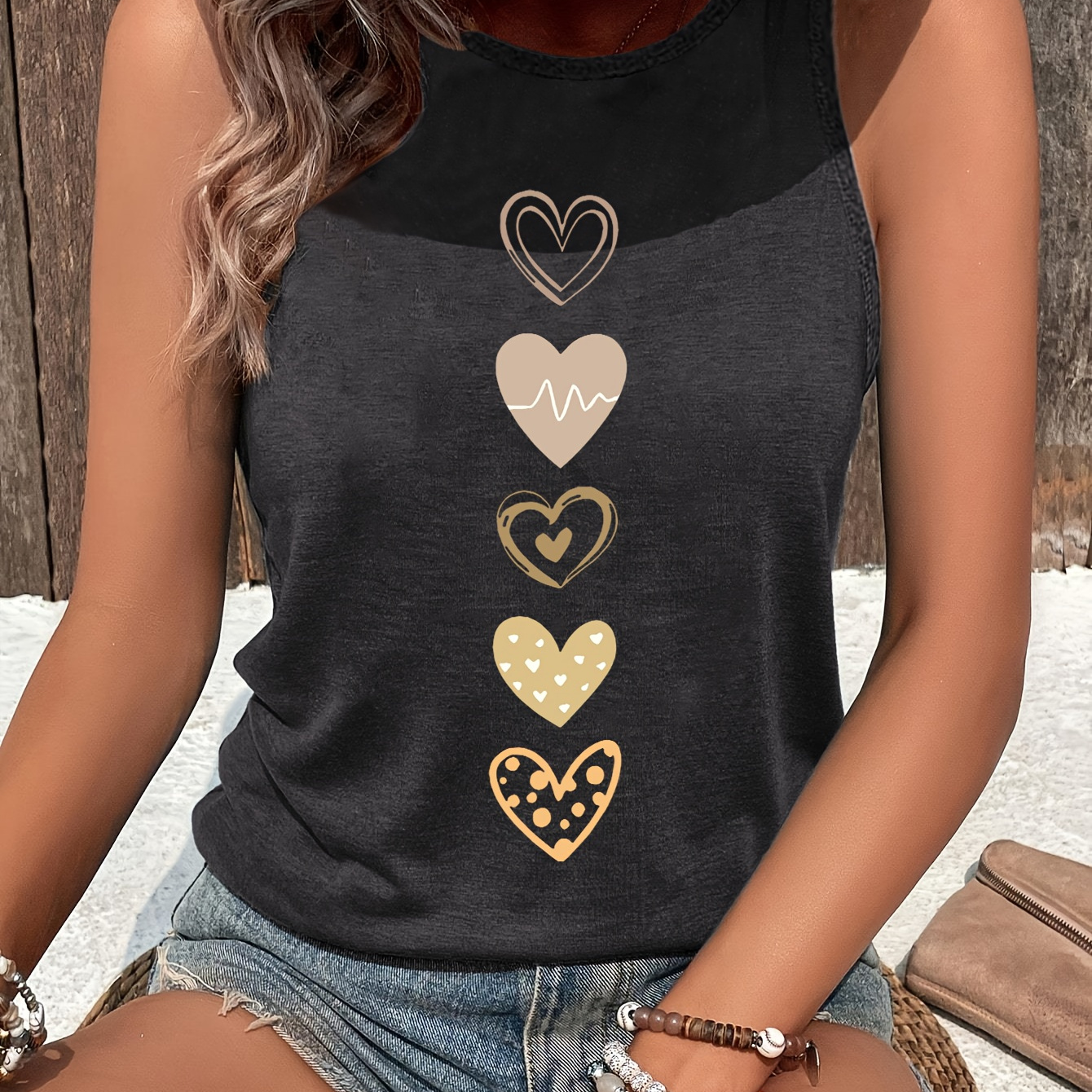 

Heart Print Crew Neck Tank Top, Sleeveless Casual Top For Summer & Spring, Women's Clothing