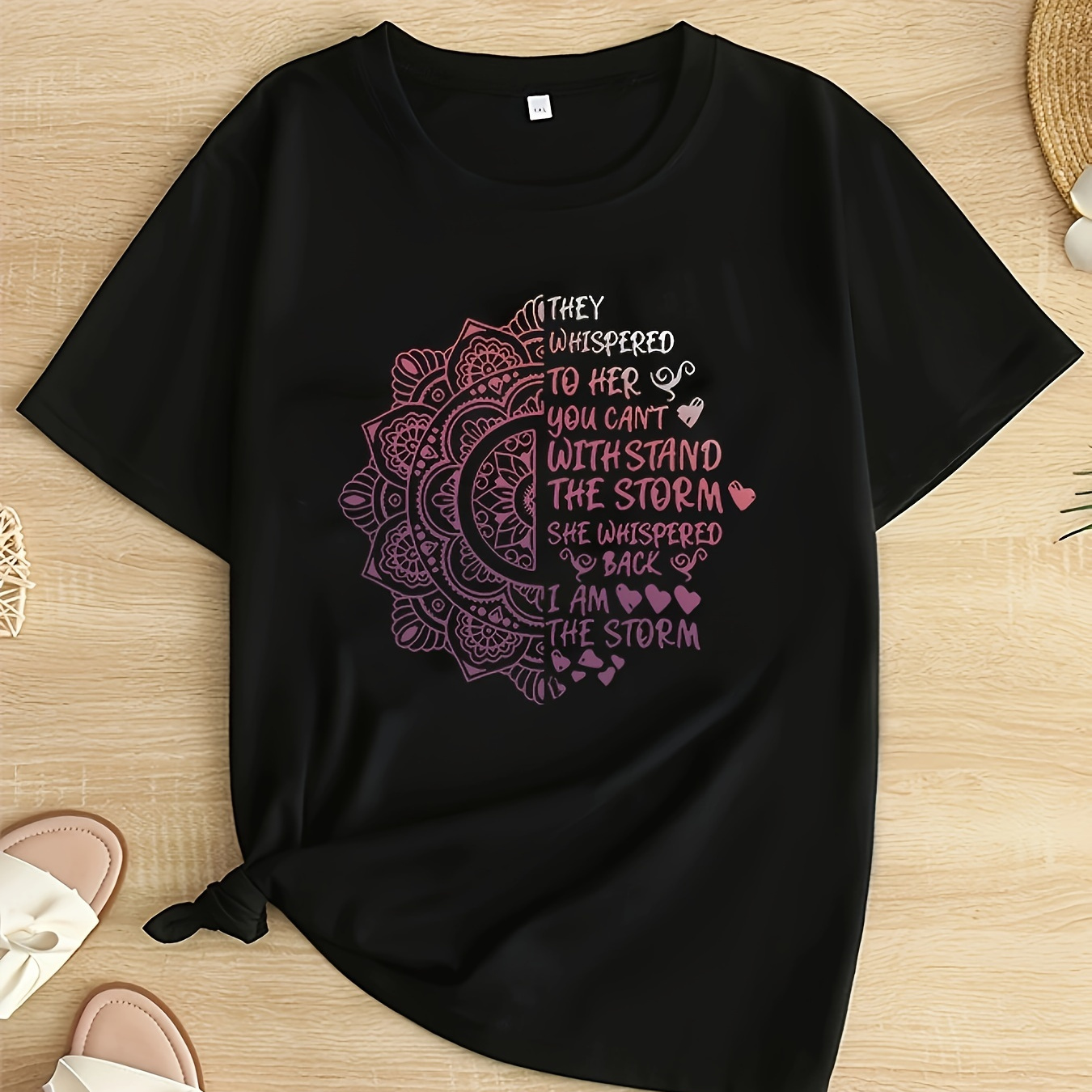 

1pc Women's Plus Size Casual Crew Neck T-shirt With Inspirational Quote, Polyester Knit Fabric With Slight Stretch, Alphabet Pattern, Short Sleeve Top