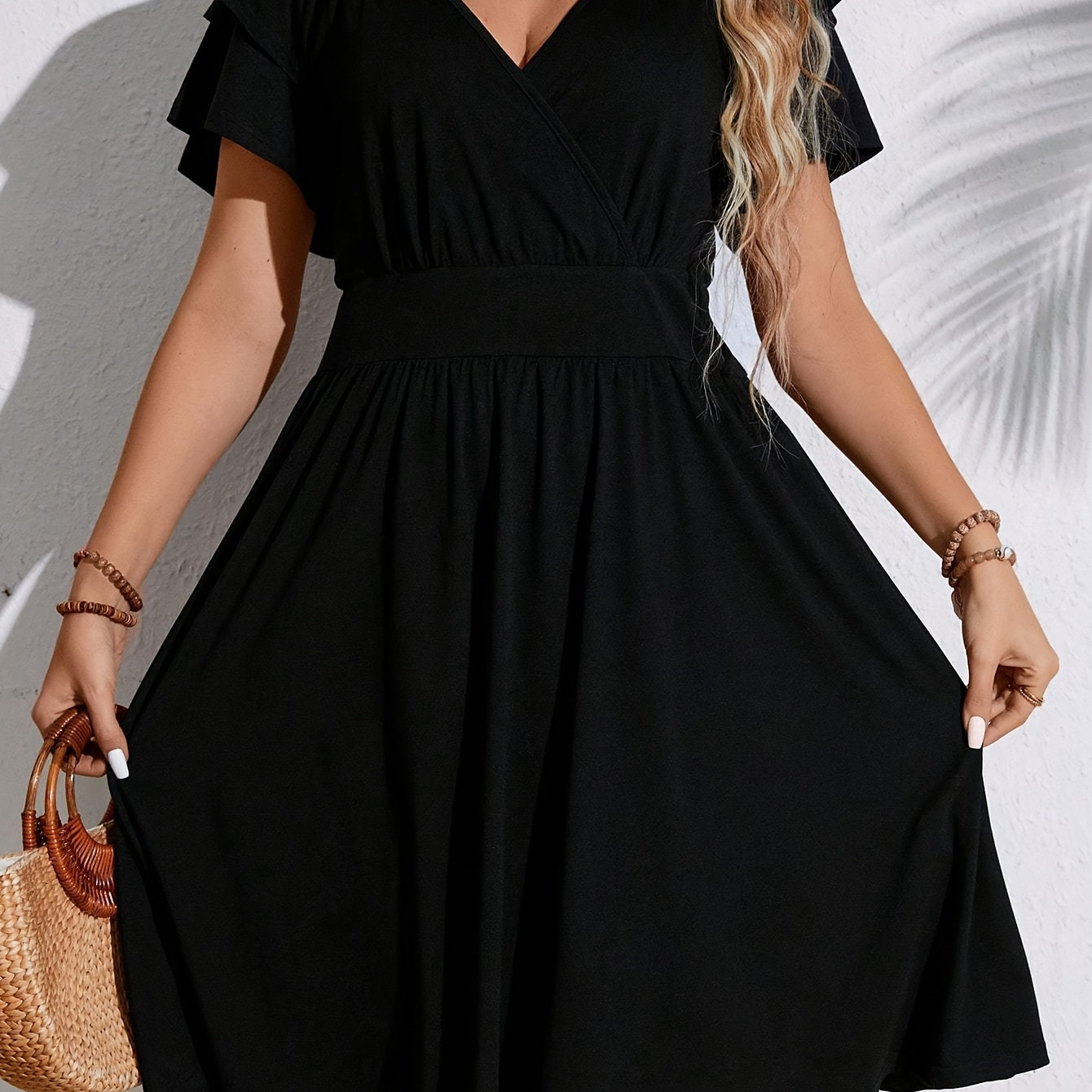 

Plus Size Ruched Solid Cinched Waist Dress, Elegant Ruffle Sleeve Dress For Spring & Summer, Women's Plus Size Clothing