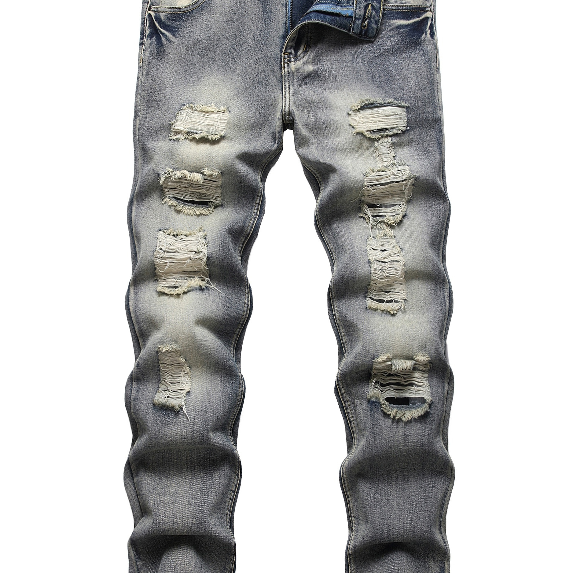 Men's Ripped Slim Fit Jeans Brown Distressed Straight Leg Fashion Denim ...