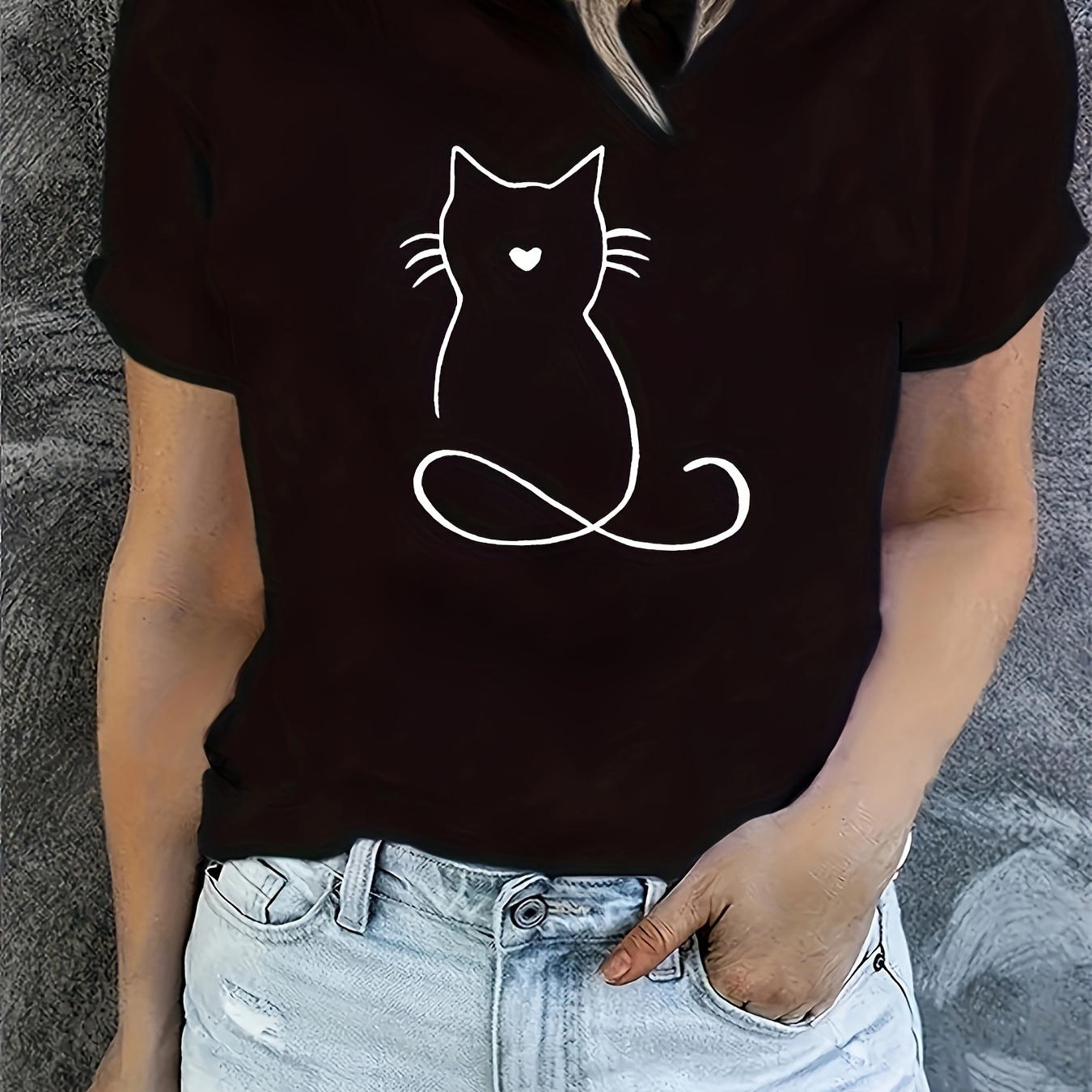 

T-shirt Imprimé Chat Mignon, Haut Décontracté À Manches Courtes Et Col Rond Pour L'été Et Le Printemps, Vêtements Pour Femmes