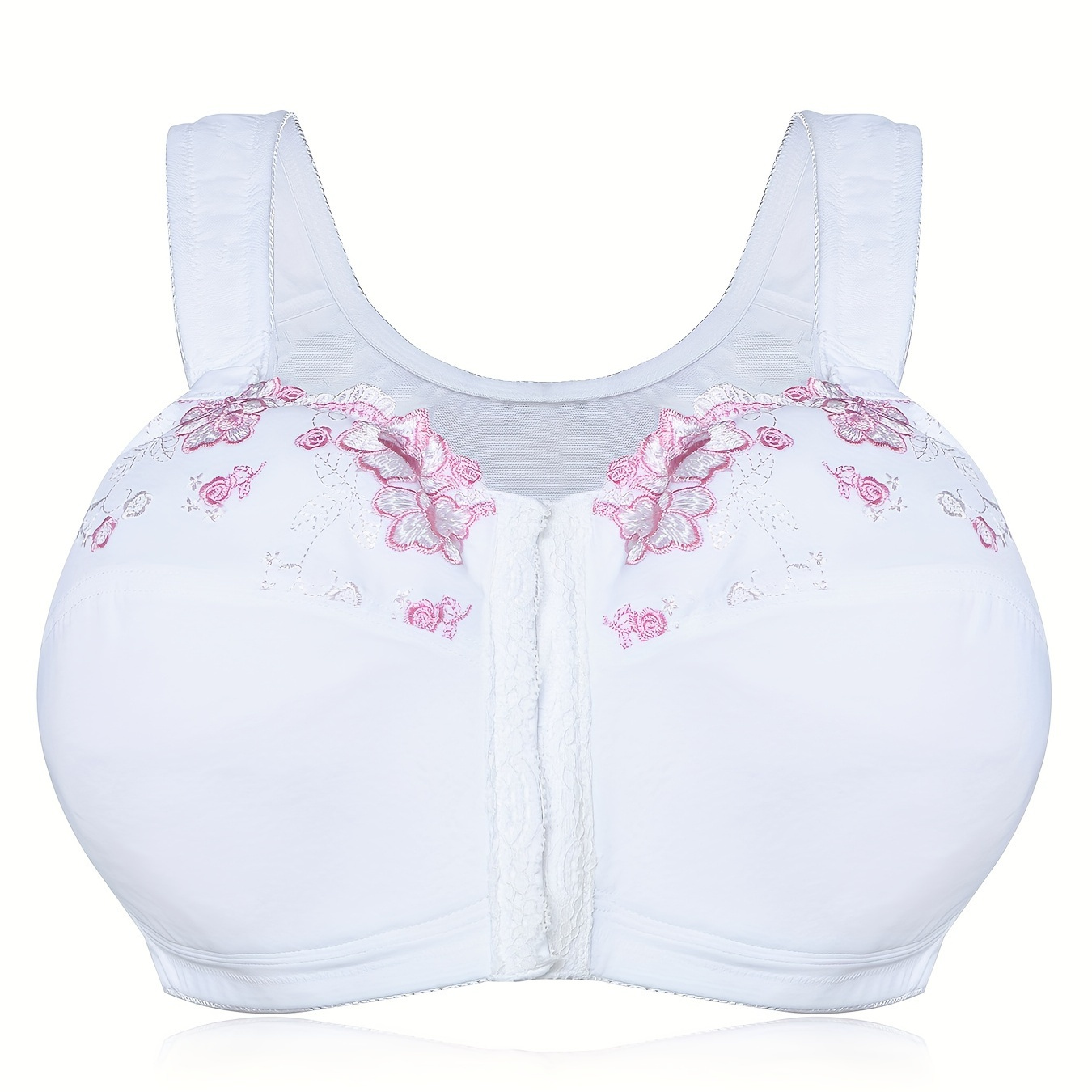 

Plus Size Elegant Bra, Women's Plus Embroidered Front Closure Full Cover Wireless Cross Strappy Back Bra