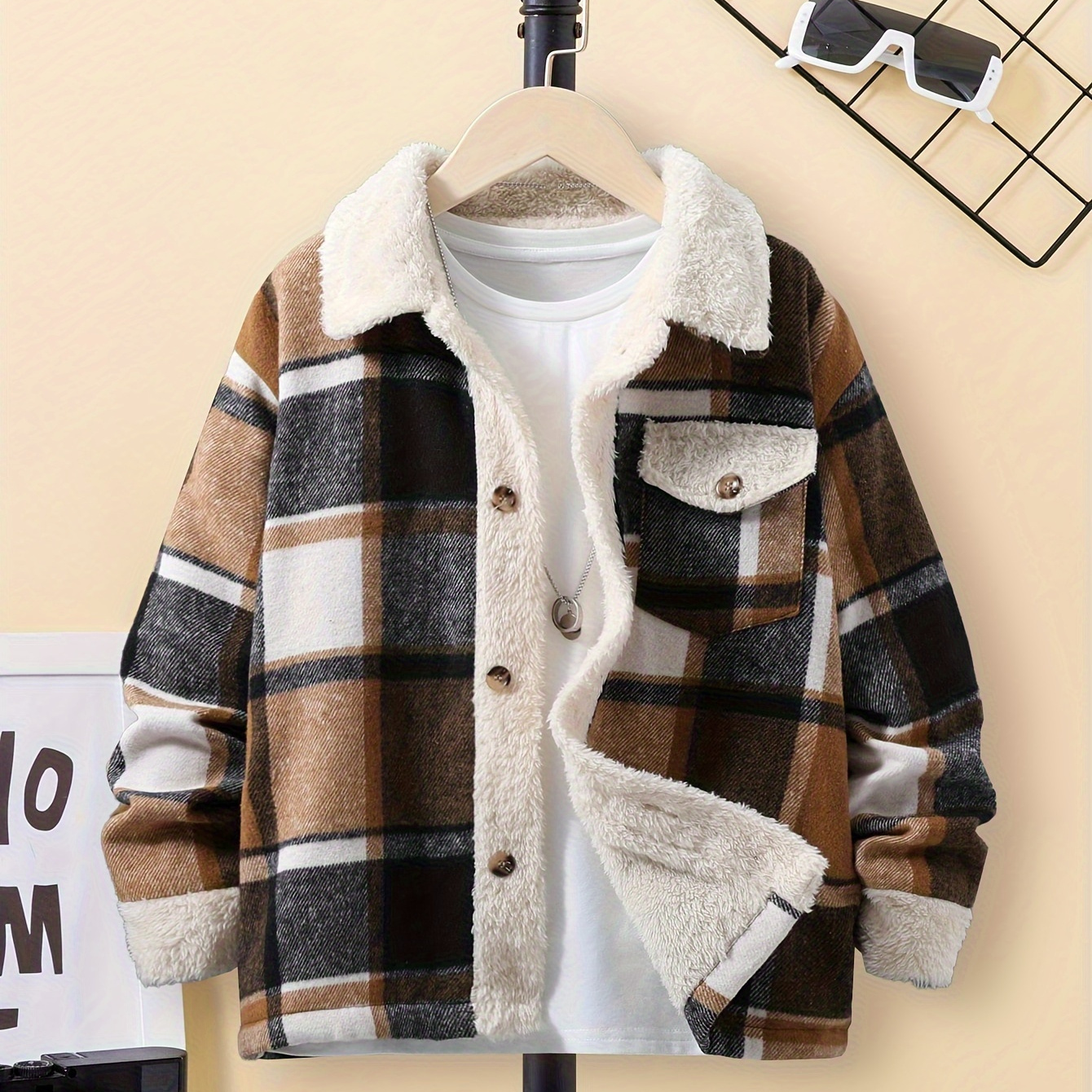 

Boys Casual Plaid Non Stretch Plaid Fleece Button Jacket, Boys Clothes For Fall Winter