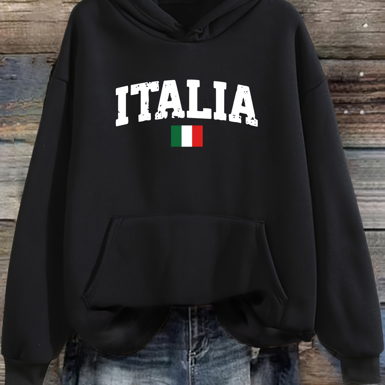 

Italia Flag Print Hoodie, Casual Long Sleeve Kangaroo Pocket Drawstring Hoodie Sweatshirt, Women's Clothing