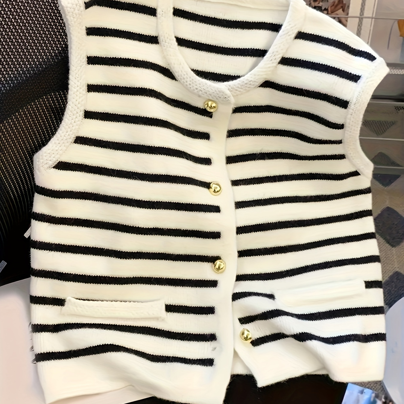 

Elegant Black & White Striped Sleeveless Knit Vest For Women - Chic Button-up Cardigan With Pocket, Ribbed Trim, , Machine Washable