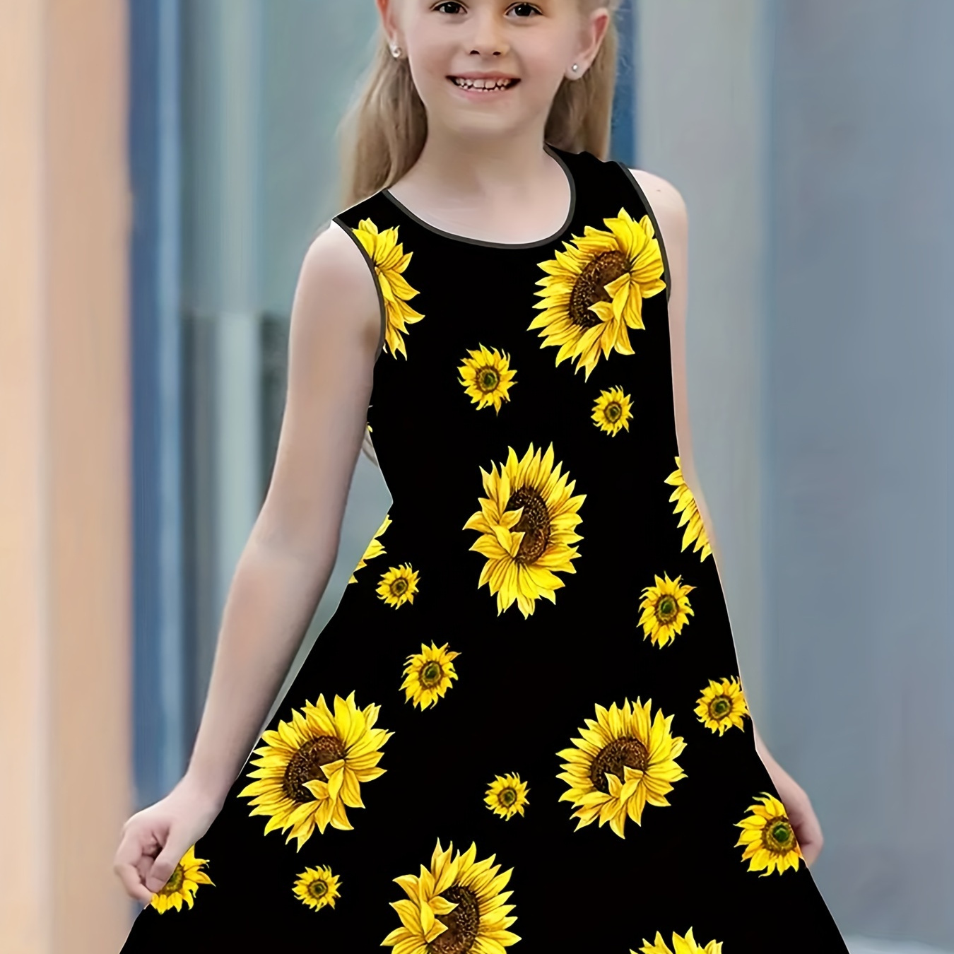 

Sunflower Print Sleeveless Dress For Girls Summer Gift Party, Breathable Dresses For Outdoor