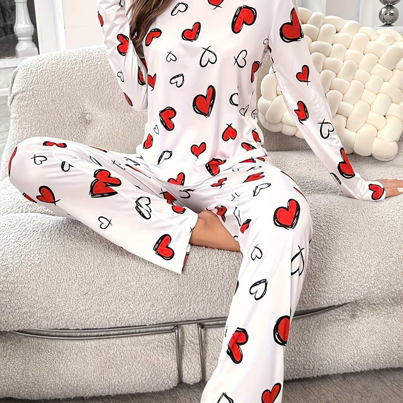 

Pyjama Femme Imprimé Cœur Confortable - Ensemble Décontracté à Manches Longues & Pantalon, Mélange de Polyester , pour /Hiver, Coupe , Imprimé Intégral