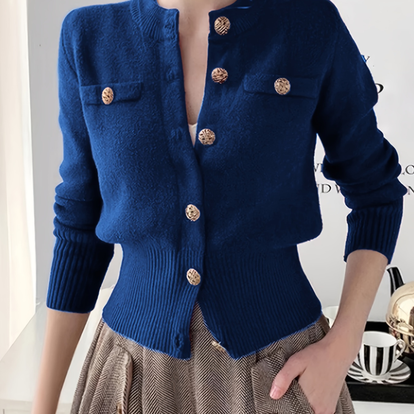 

Women's Casual Crew Neck Cardigan With Button And Faux Pockets, Solid Color Long Sleeve Ribbed Knit Acrylic Sweater For Fall/winter