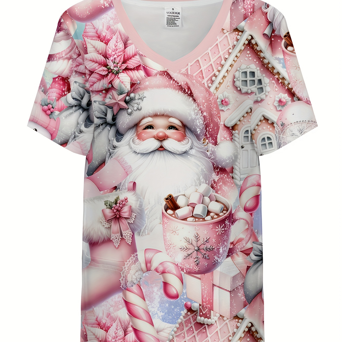 

Santa Claus Print Stretchy V-neck T-shirt, Comfortable & Care Uniform For Nurse, Women's Clothing