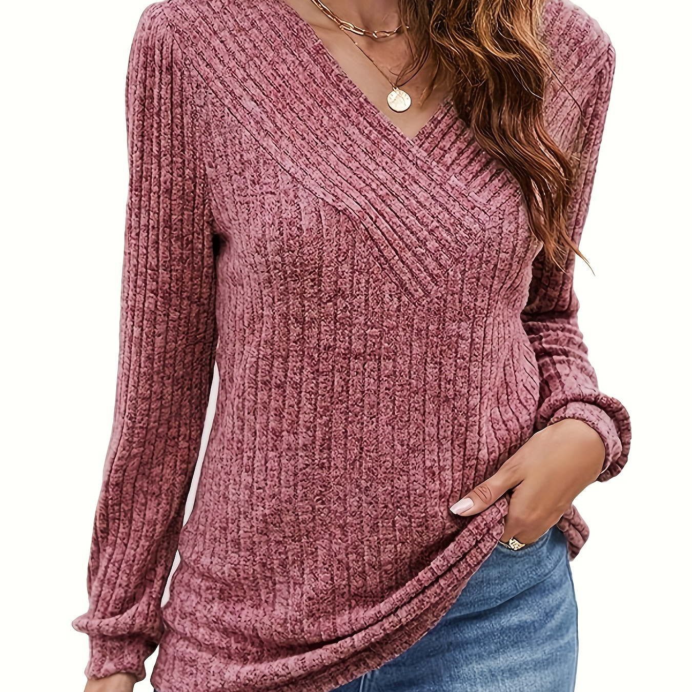 Ribbed Knit V Neck Sweater, Casual Long Sleeve Sweater For Fall & Winter, Women's Clothing