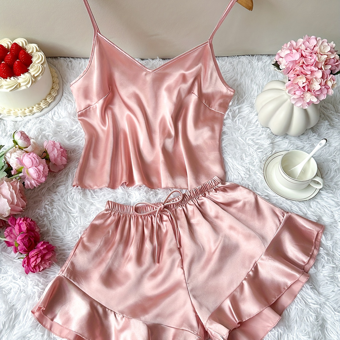 

Women's Sweet Solid Satin Ruffle Hem Pajama Set, V Neck Backless Cami Top & Shorts, Comfortable Relaxed Fit, Summer Nightwear