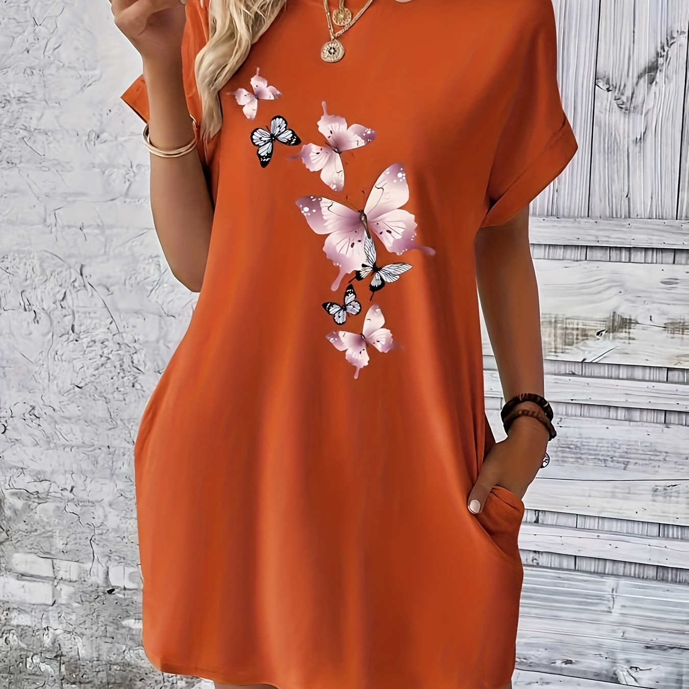 

Women's Casual Tunic Dress With Print, Polyester Knit Fabric, Crew Neck, Batwing Sleeves, And , For Spring/summer/fall