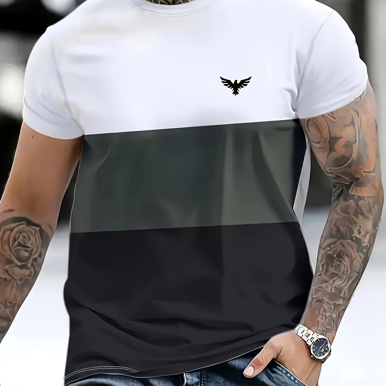 

T-shirt à col rond et manches courtes pour homme Chic Design, avec motif graphique d'aigle et blocs de couleurs, haut décontracté et chic pour les tenues d'été quotidiennes