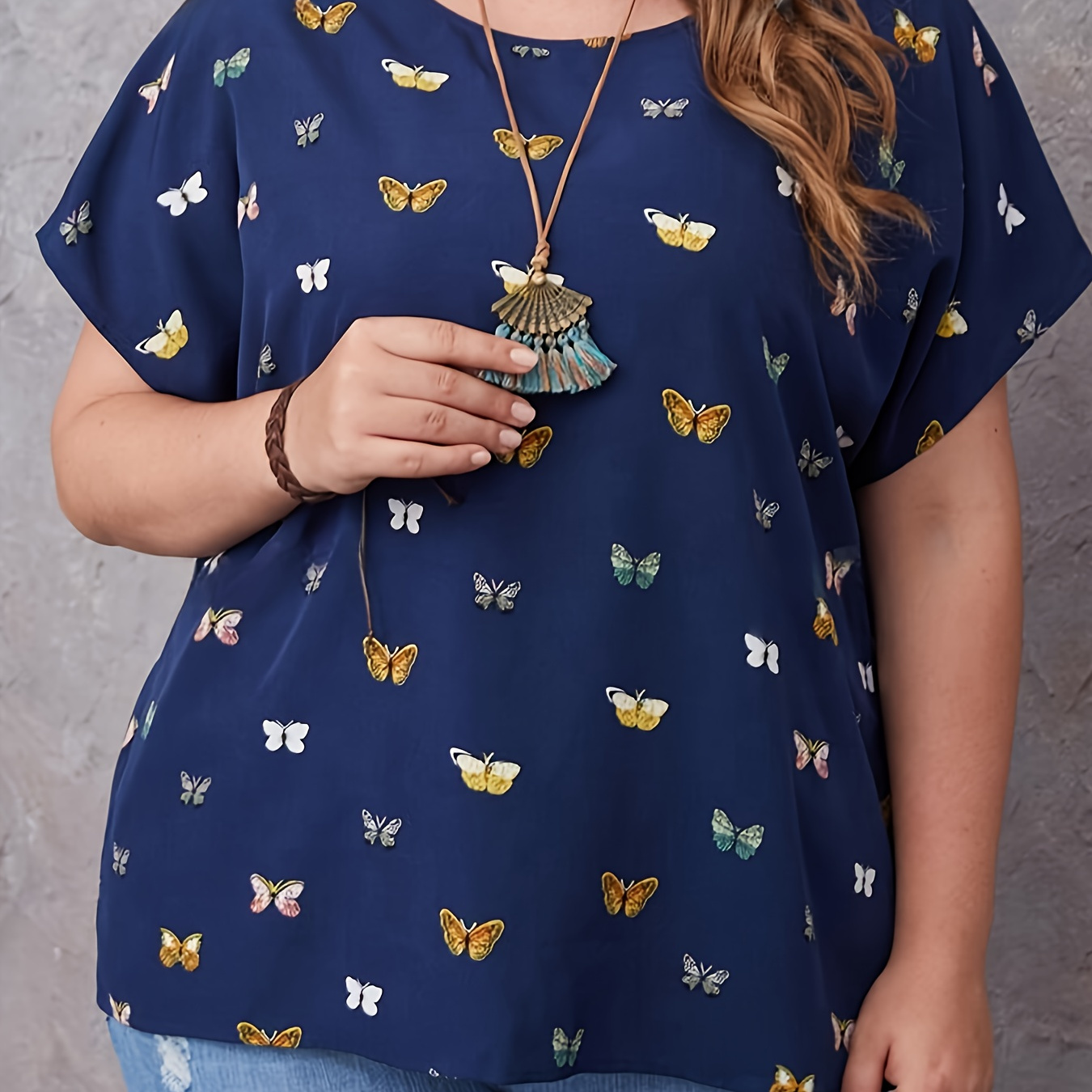 

Plus Size Butterfly Print Blouse, Elegant Crew Neck Batwing Sleeve Blouse For Spring & Summer, Women's Plus Size Clothing