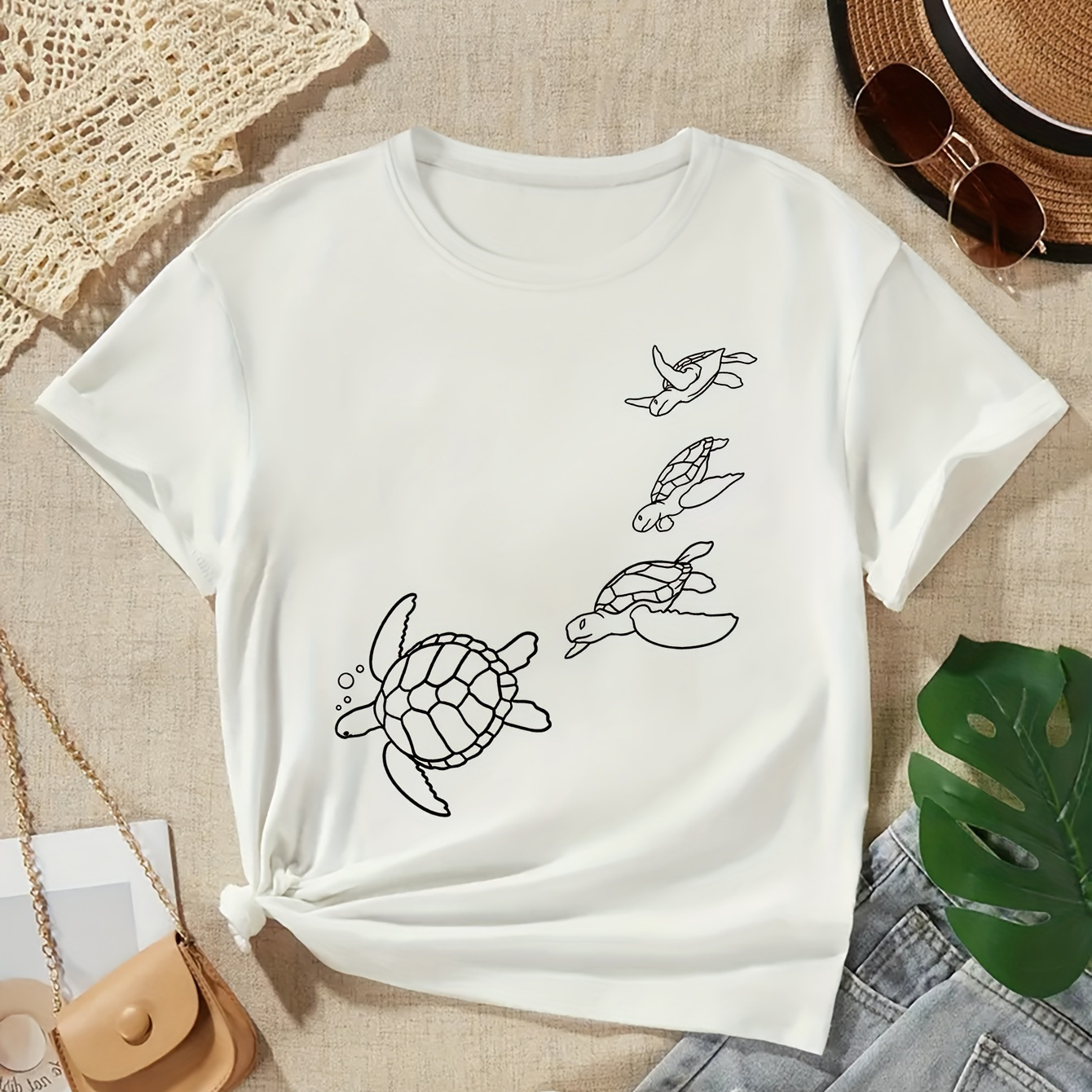 

Turtles Graphic Print, Tween Girls' Casual & Comfy Crew Neck Short Sleeve Tee For Spring & Summer, Tween Girls' Clothes For Outdoor Activities