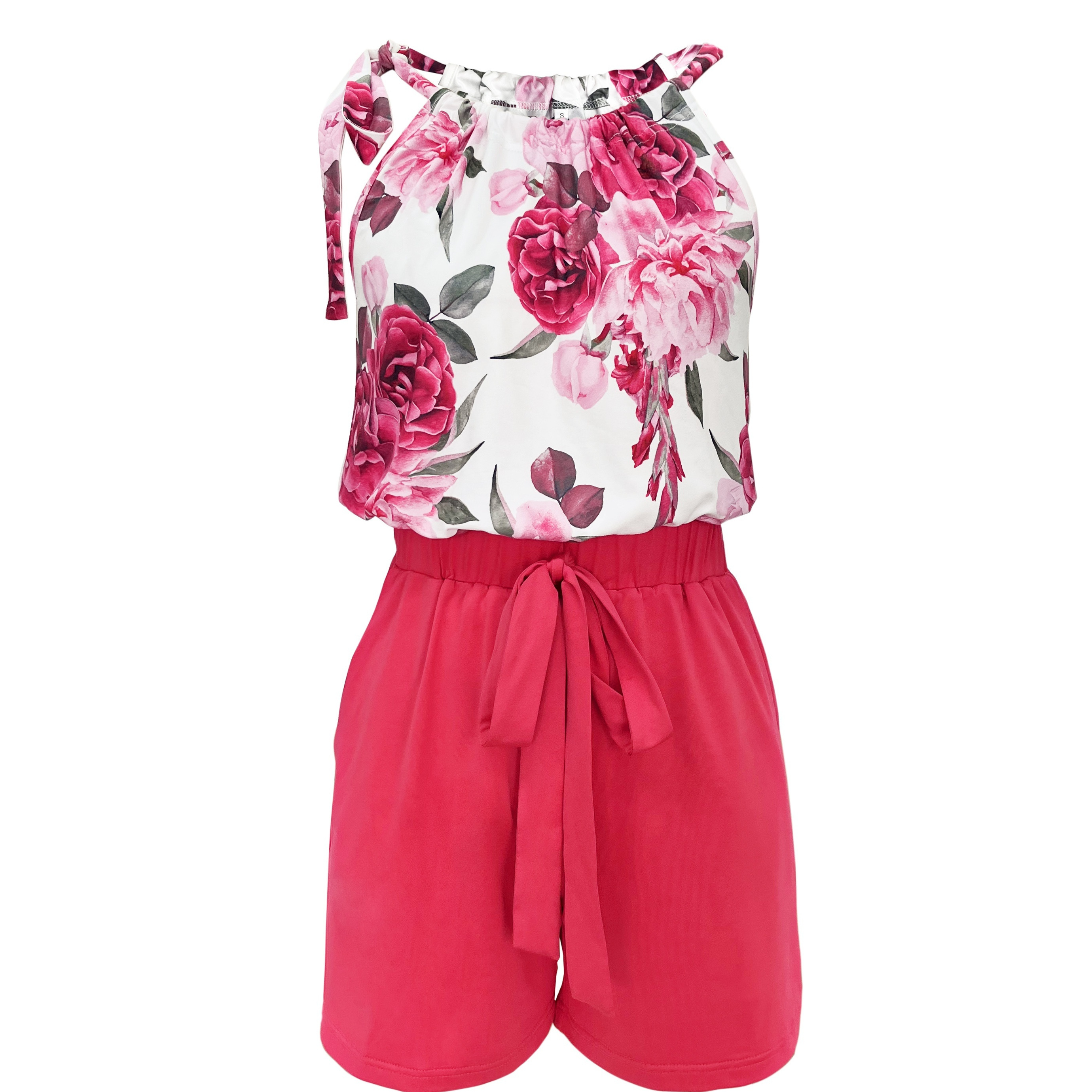 

Elegant Summer 2 Piece Set, Floral Print Halter Neck Top & Solid Drawstring Waist Shorts Outfits, Women's Clothing