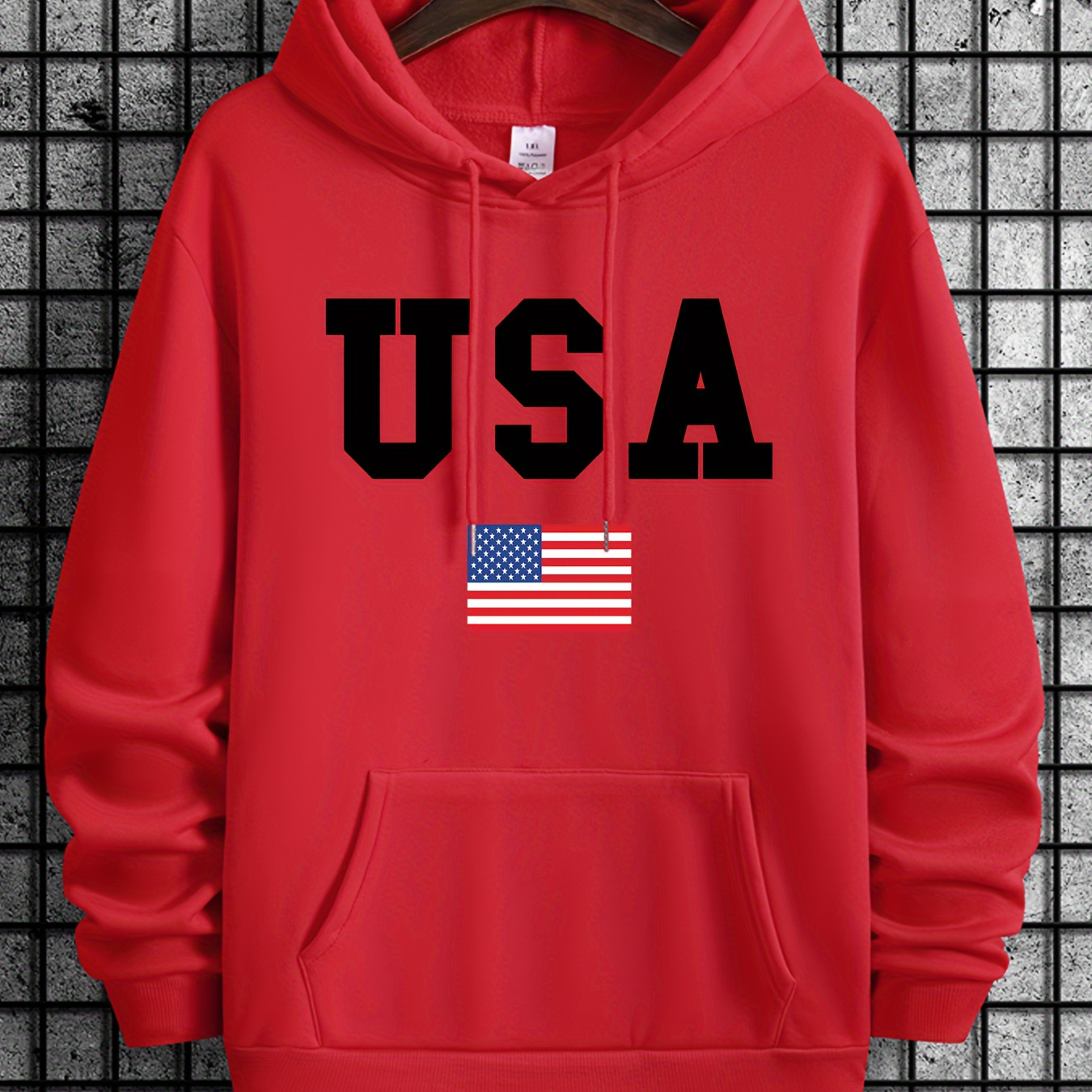 

Plus Size Usa American Flag Men's Casual Pullover Hoodie With Drawstring, Polyester Fabric, Regular Fit, Perfect For Autumn And Winter