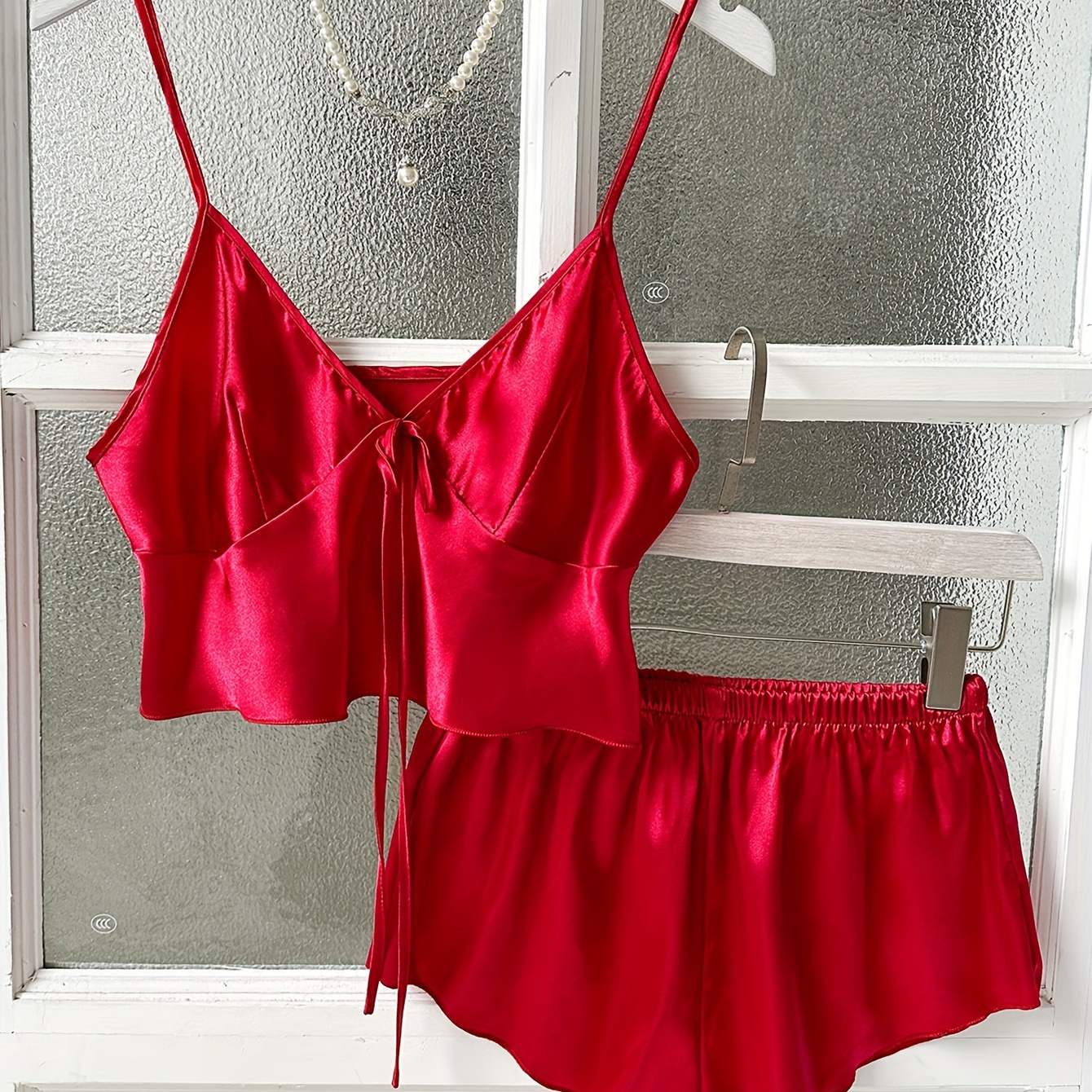 

Women's Sexy Solid Satin Pajama Set, Knot Front V Neck Backless Crop Cami Top & Shorts, Comfortable Relaxed Fit