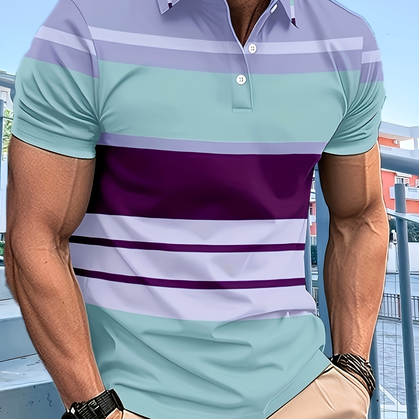 

Men's Striped Golf Shirt, Short Sleeve Golf Shirt For Summer