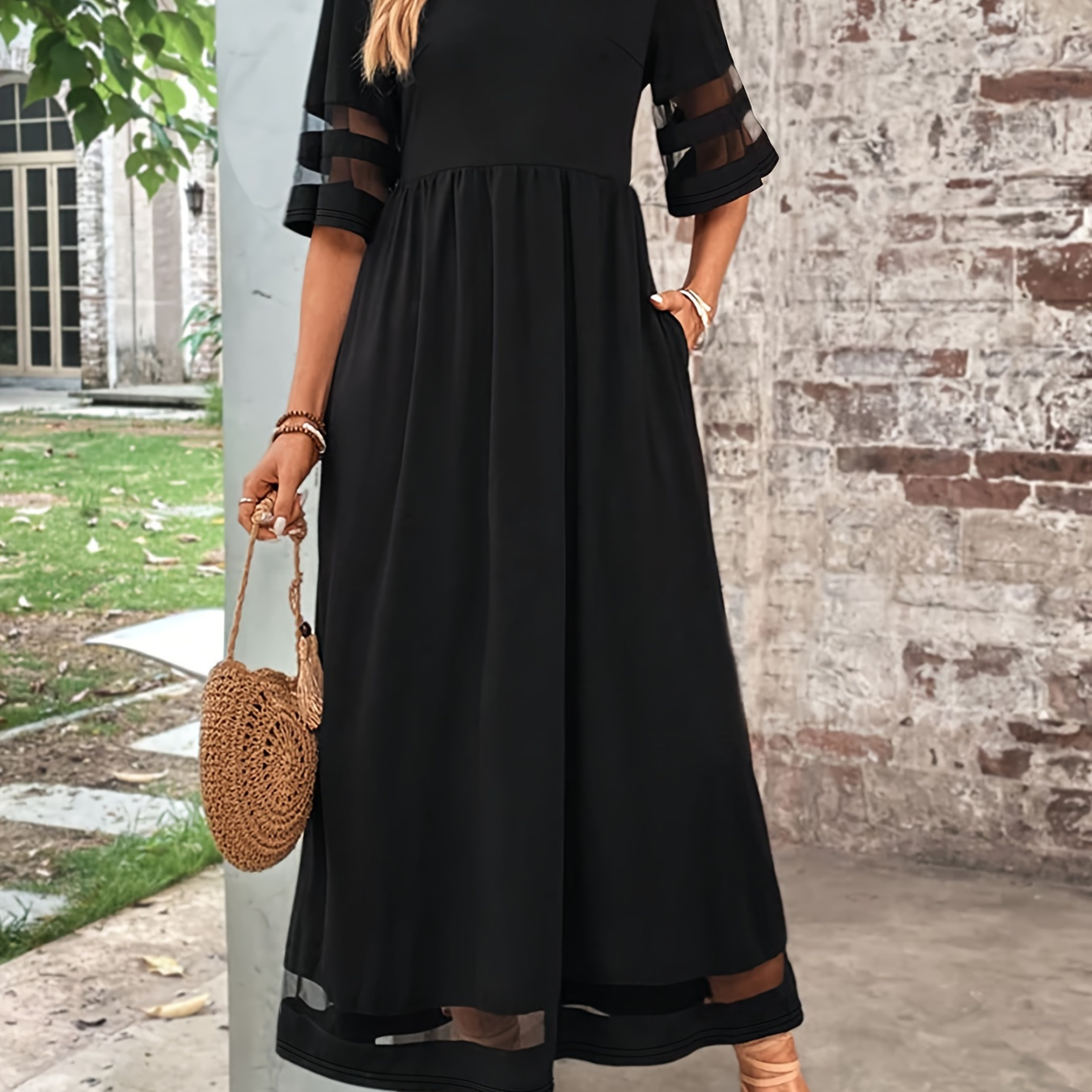 

Plus Size Mesh Stitching Ruched Dress, Casual Short Sleeve Dress For Spring & Summer, Women's Plus Size Clothing