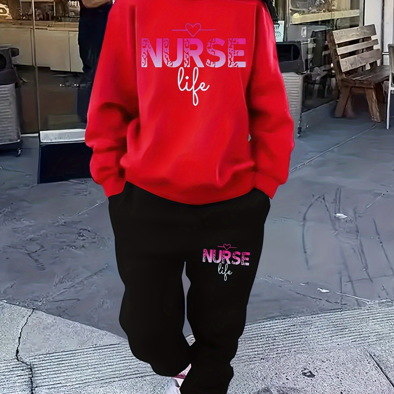 

Nurse Print Two-piece Set, Casual Crew Neck Long Sleeve Sweatshirt & Sweatpants Outfits, Women's Clothing