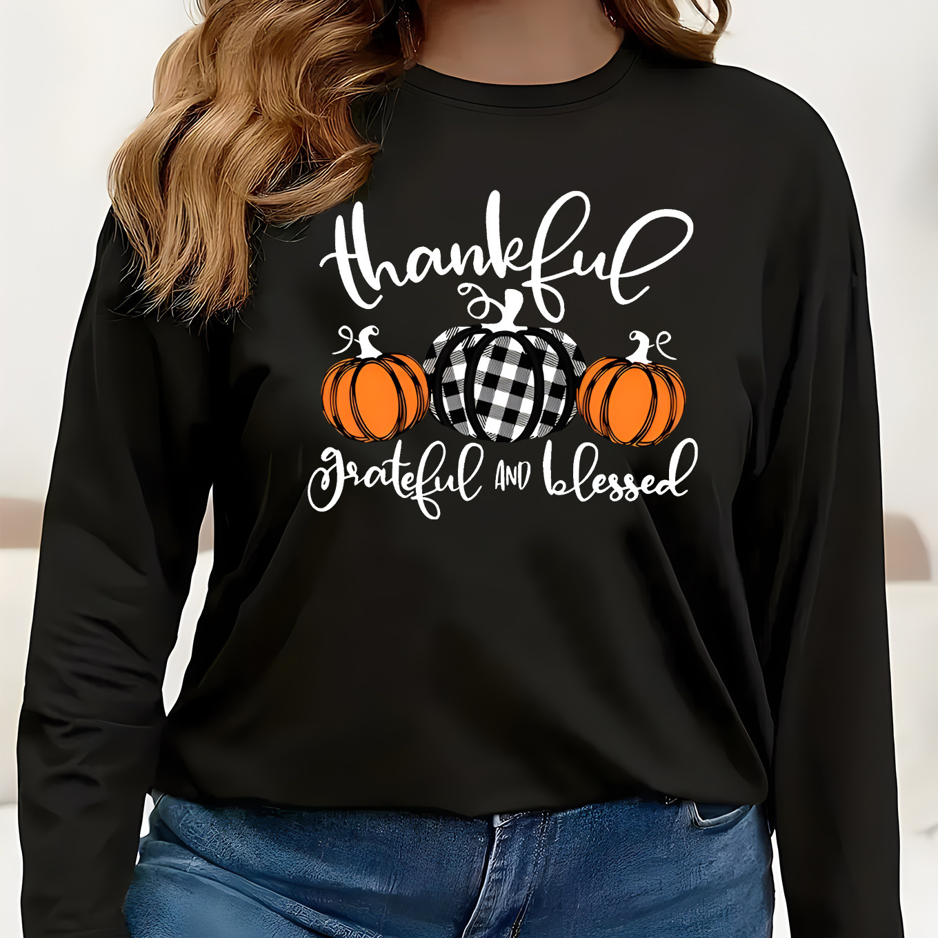 

Plus Size Thankful Print T-shirt, Casual Long Sleeve Crew Neck Top For Spring & Fall, Women's Plus Size Clothing