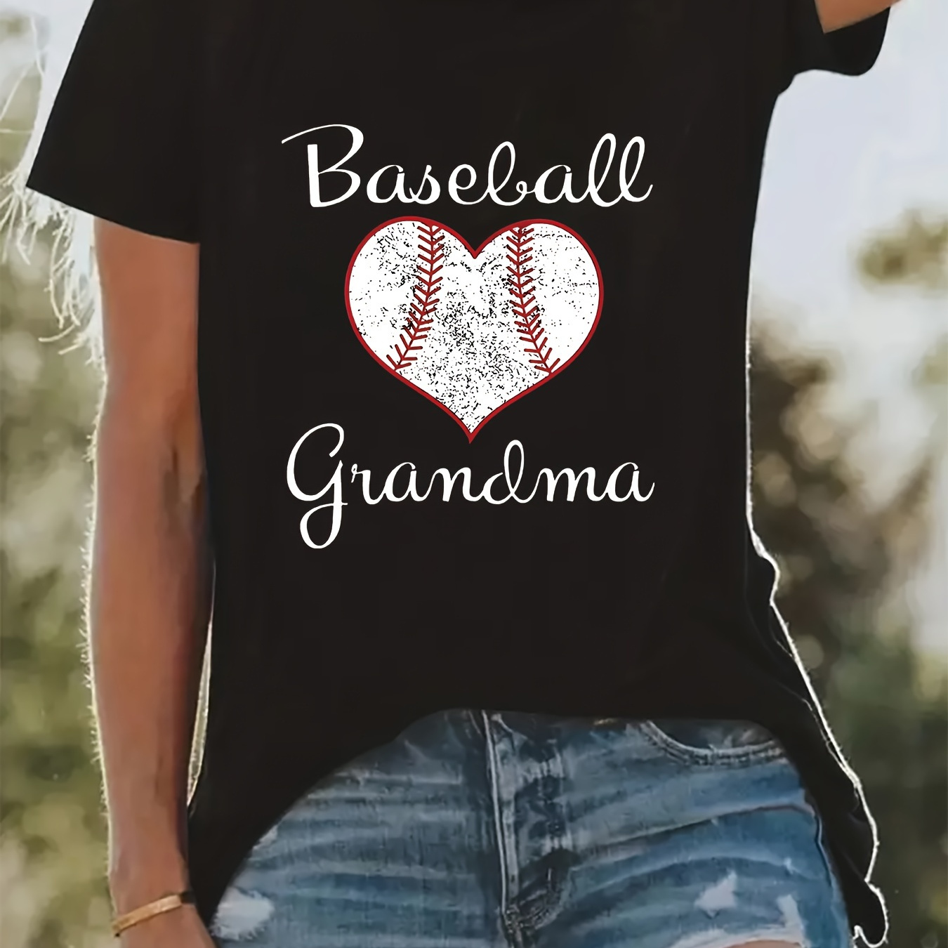 

Heart Baseball Grandma Print T-shirt, Casual Crew Neck Short Sleeve Top For Spring & Summer, Women's Clothing