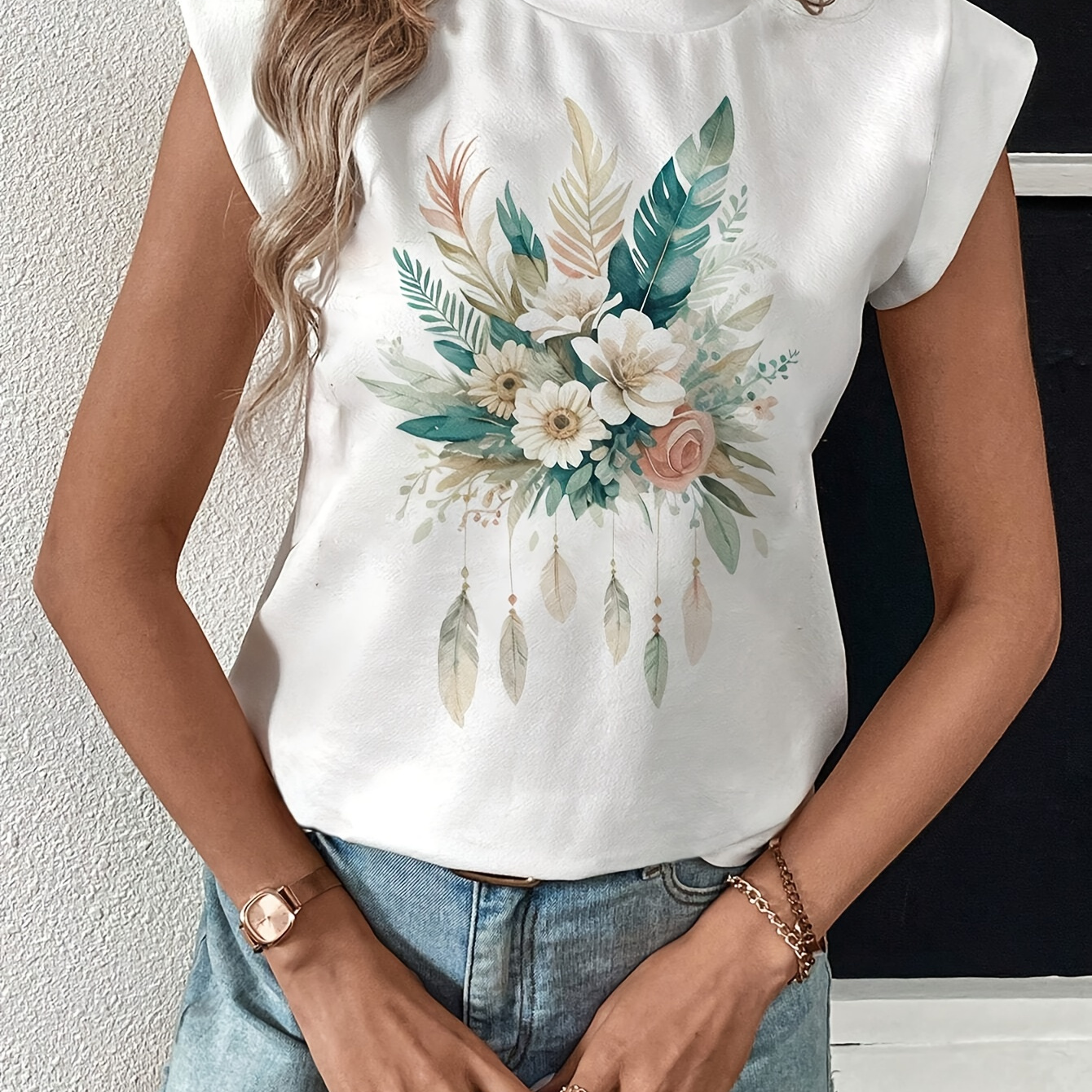 

Floral Print T-shirt, Short Sleeve Crew Neck Leisure T-shirt For Spring & Summer, Women's Clothing