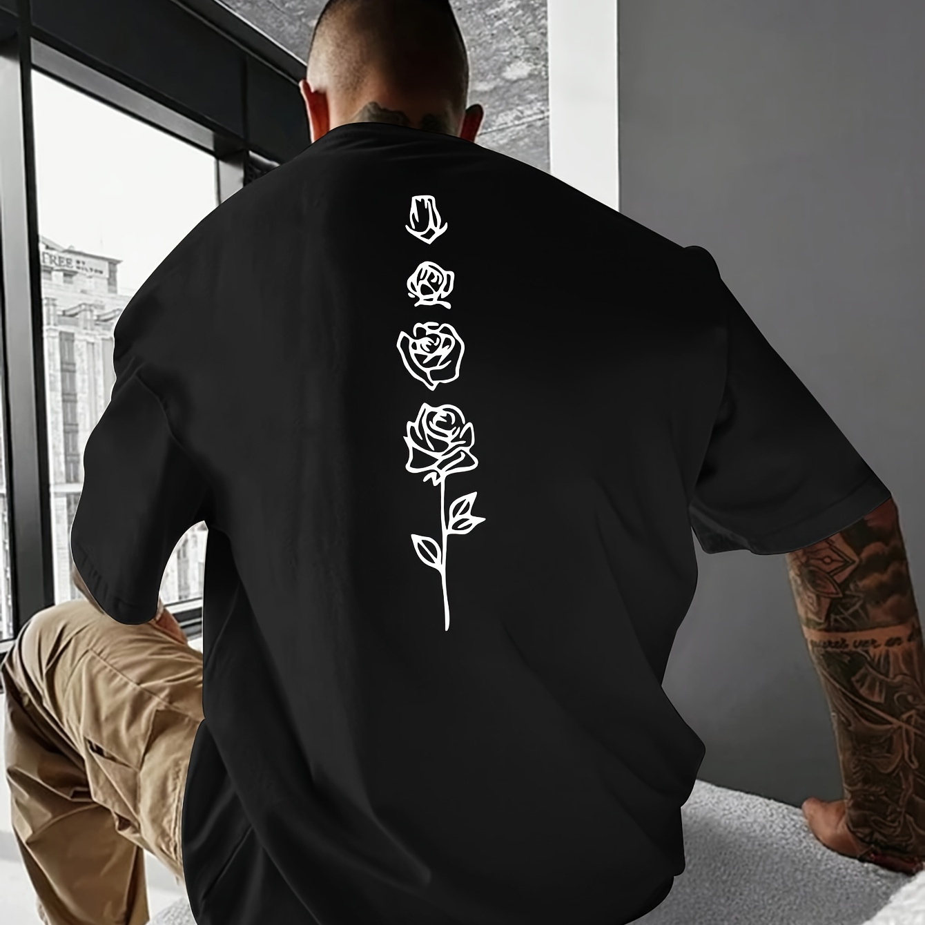 

Rose Print, Men's Graphic Design Crew Neck T-shirt, Casual Comfy Tees Tshirts For Summer, Men's Clothing Tops For Daily Vacation Resorts