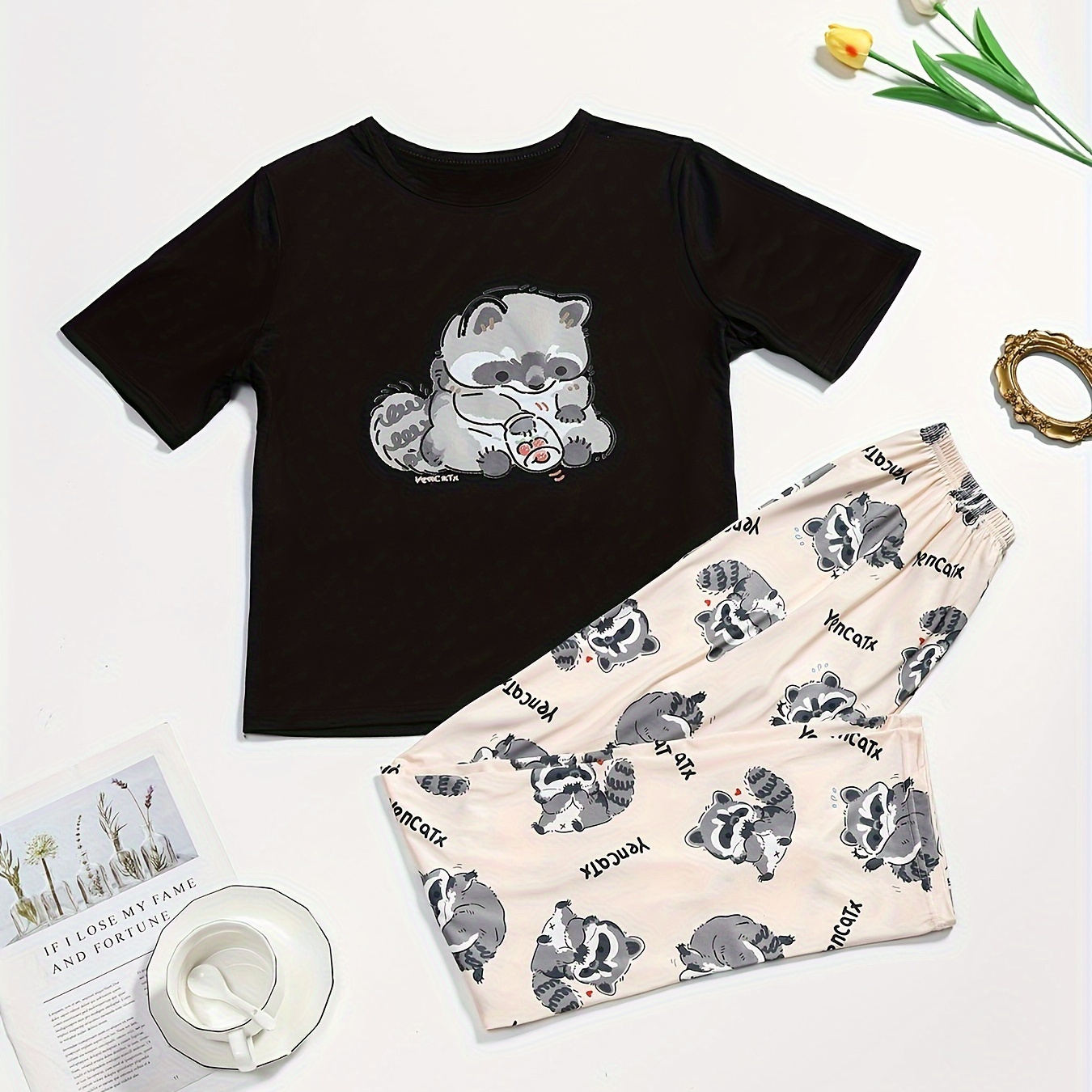

Women's Plus Cute Pajamas Set, Plus Size Cartoon Raccoon Print Short Sleeve Top & Pants Lounge 2 Piece Set
