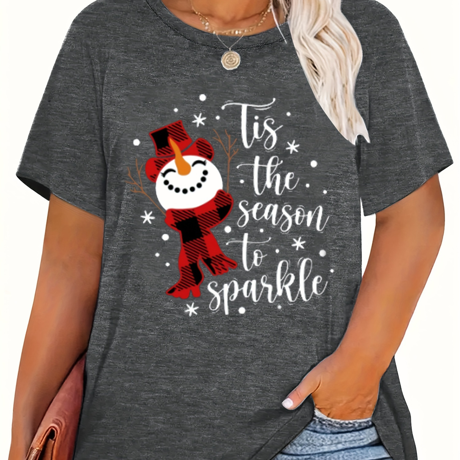 

Plus Size Snowman Print T-shirt, Casual Short Sleeve Top For , Women's Plus Size Clothing