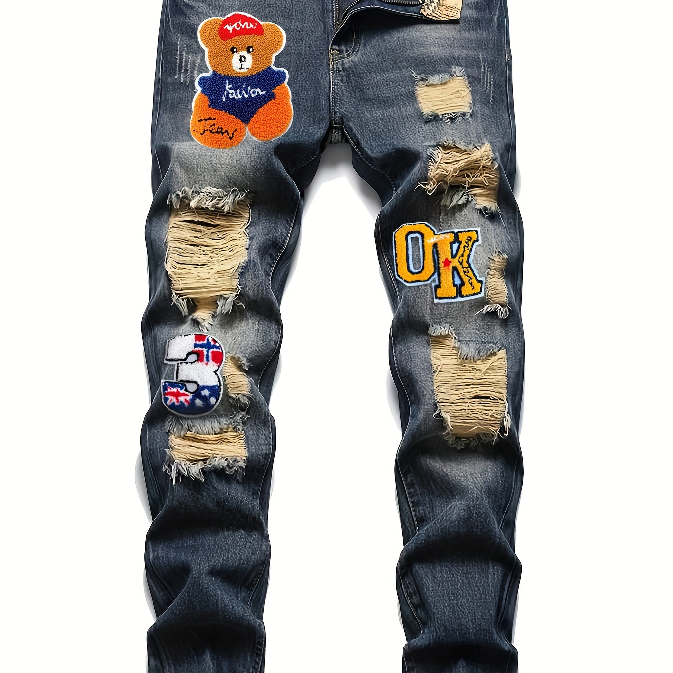 

Men's Casual Embroidery Jeans, Chic Street Style Distressed Denim Pants