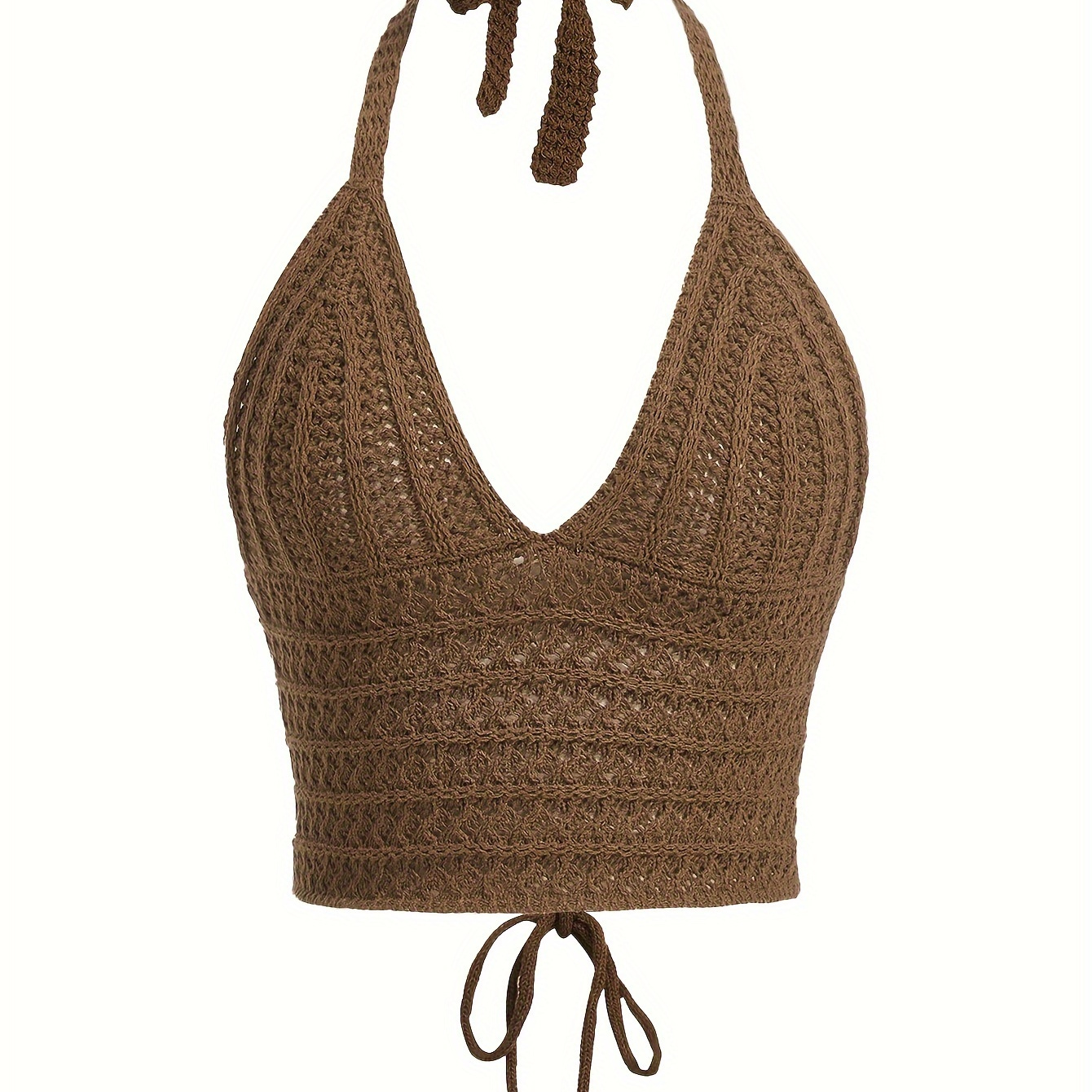 

Solid Color Knitted Halter Top, Sexy Deep V Neck Tied Backless Crop Summer Top, Women's Clothing