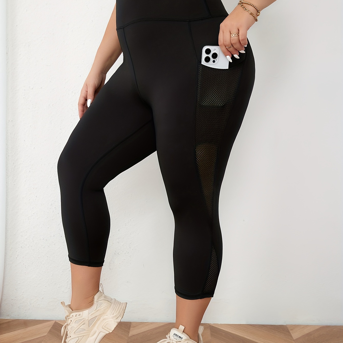 Plus Size Sports Leggings, Women's Plus Plain Contrast Mesh High * Capri  Leggings With Pockets