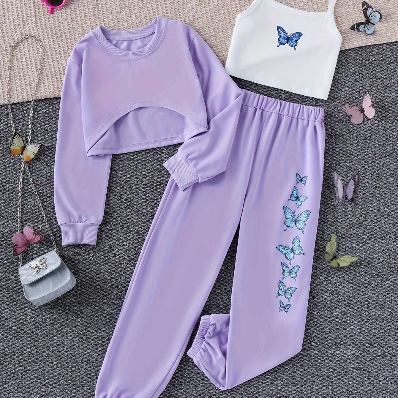 

3 Pcs Sporty Long Sleeve Crop Top + Butterfly Print Camisole + Jogger Pants Set For Casual Outings, Girls Spring/fall Outfit Clothes